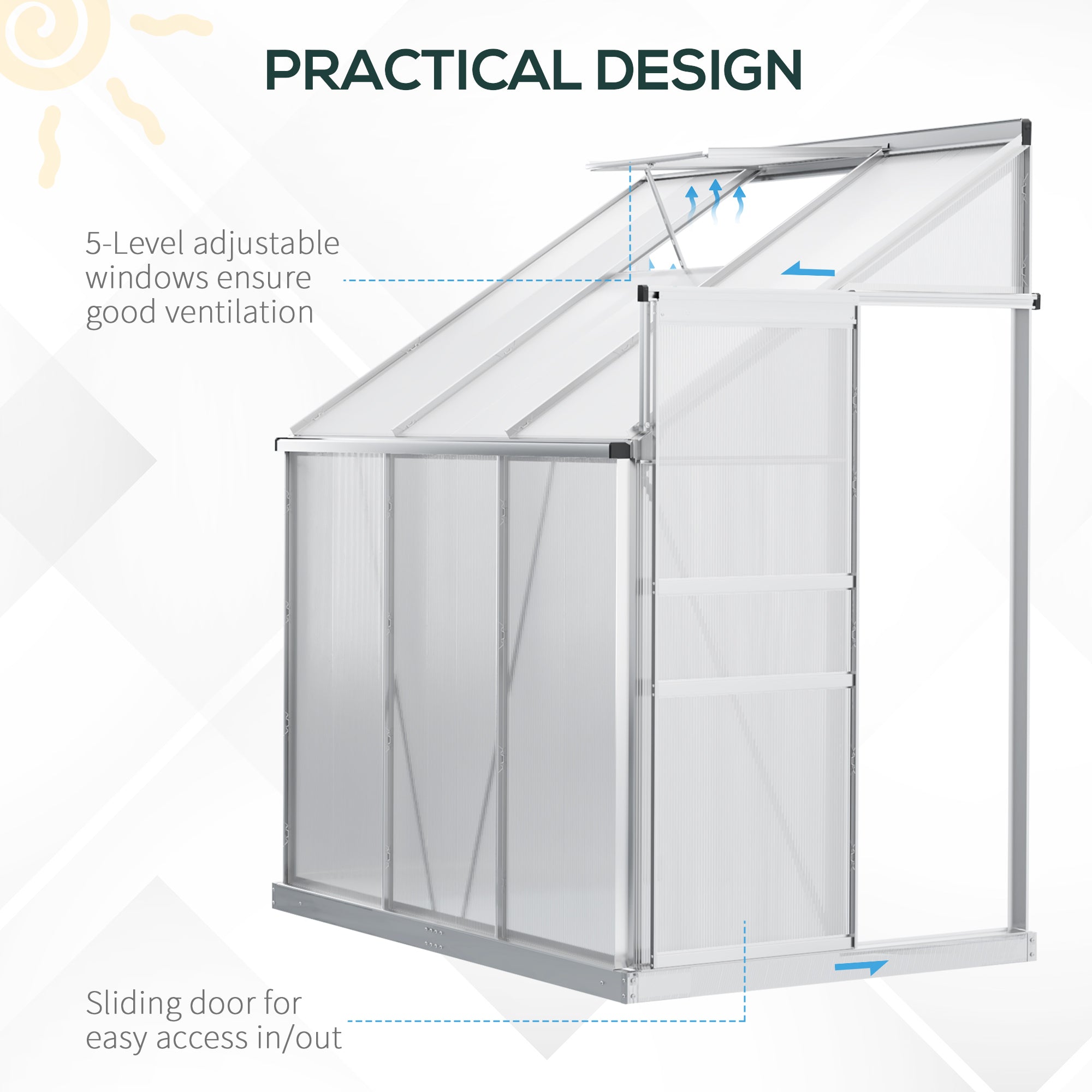 Outsunny 6 x 4ft Lean to Wall Polycarbonate Greenhouse Aluminium Walk-in Garden Greenhouse with Adjustable Roof Vent, Rain Gutter and Sliding Door, Clear - North Peak Garden Furniture