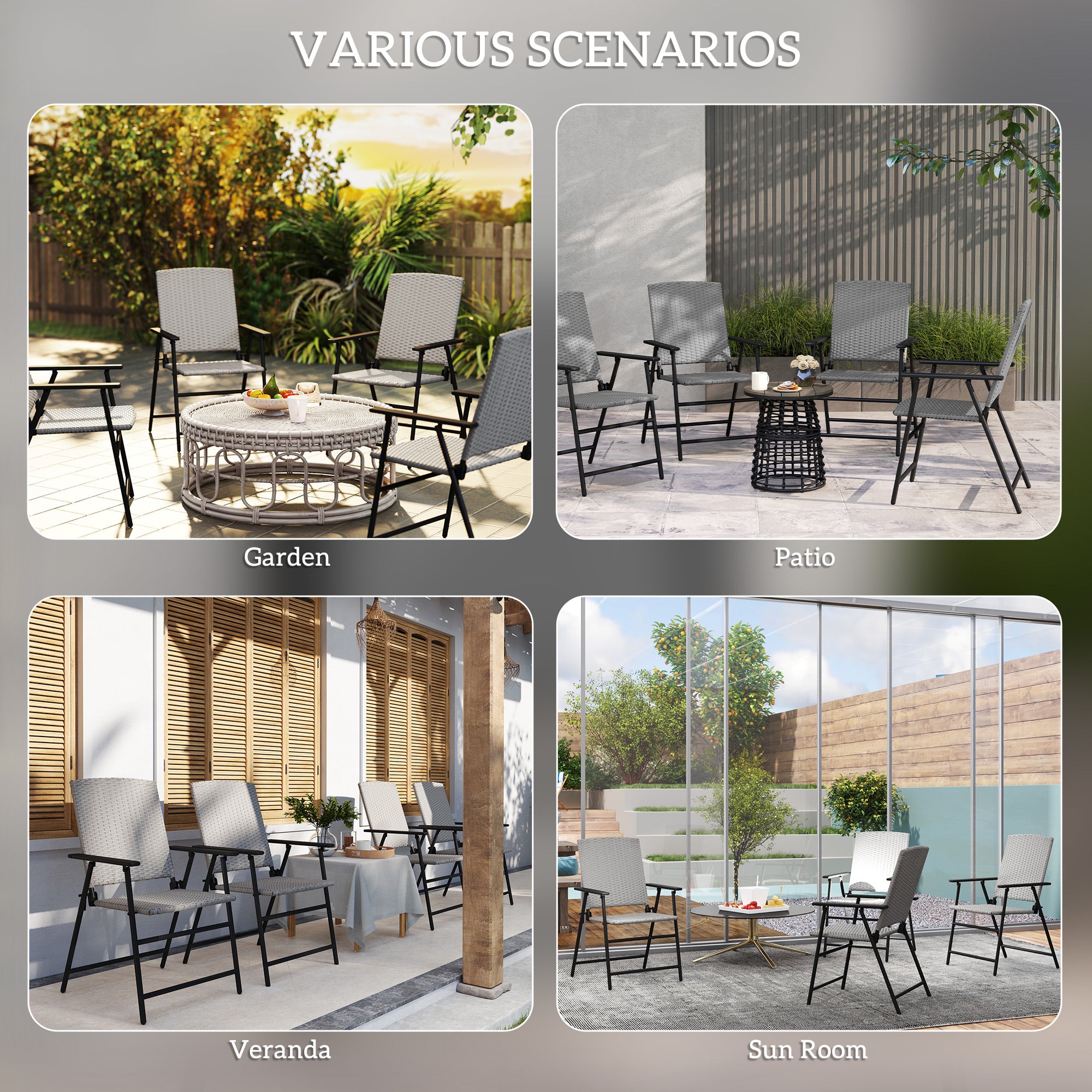 Outsunny Set of Four Folding Rattan Seat Chairs - Grey - North Peak Garden Furniture