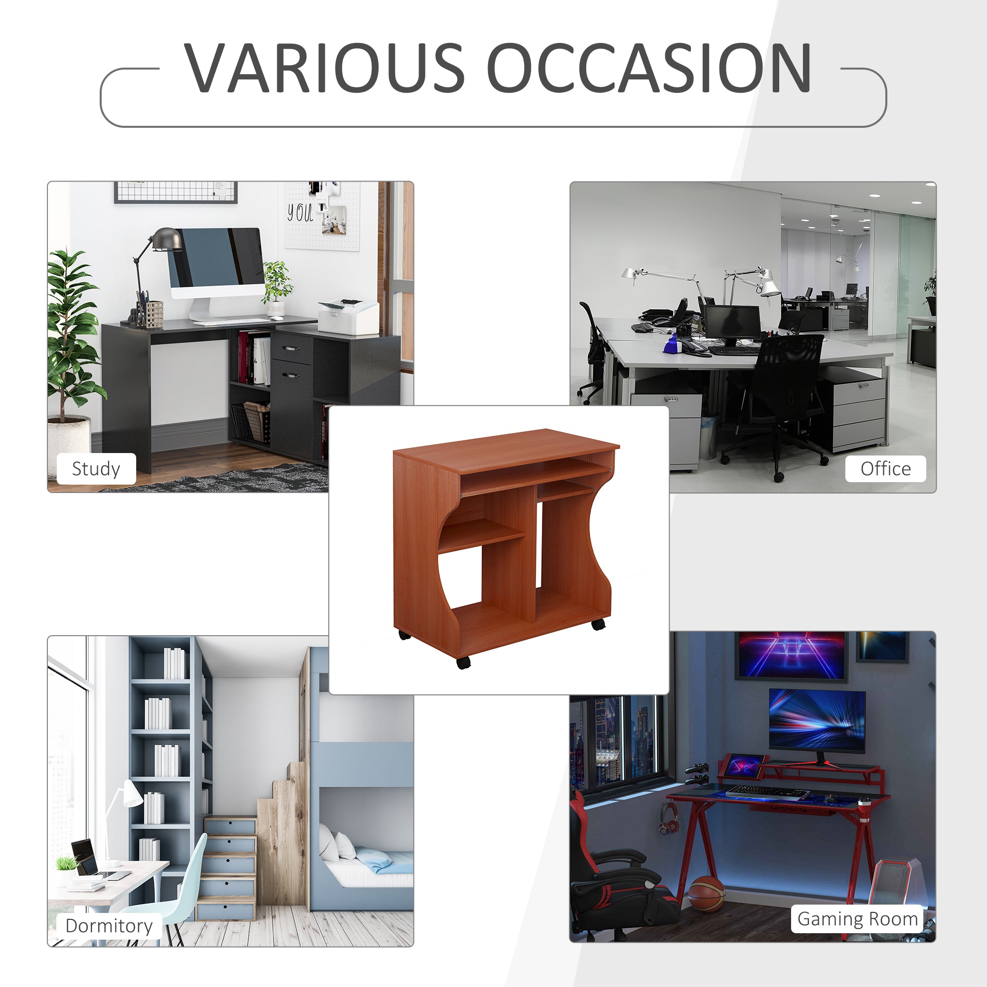 HOMCOM Movable Computer Desk with Sliding Keyboard Tray, PC Laptop Table with Storage Shelves, Workstation on Wheels, 80x48x76cm - North Peak Garden Furniture