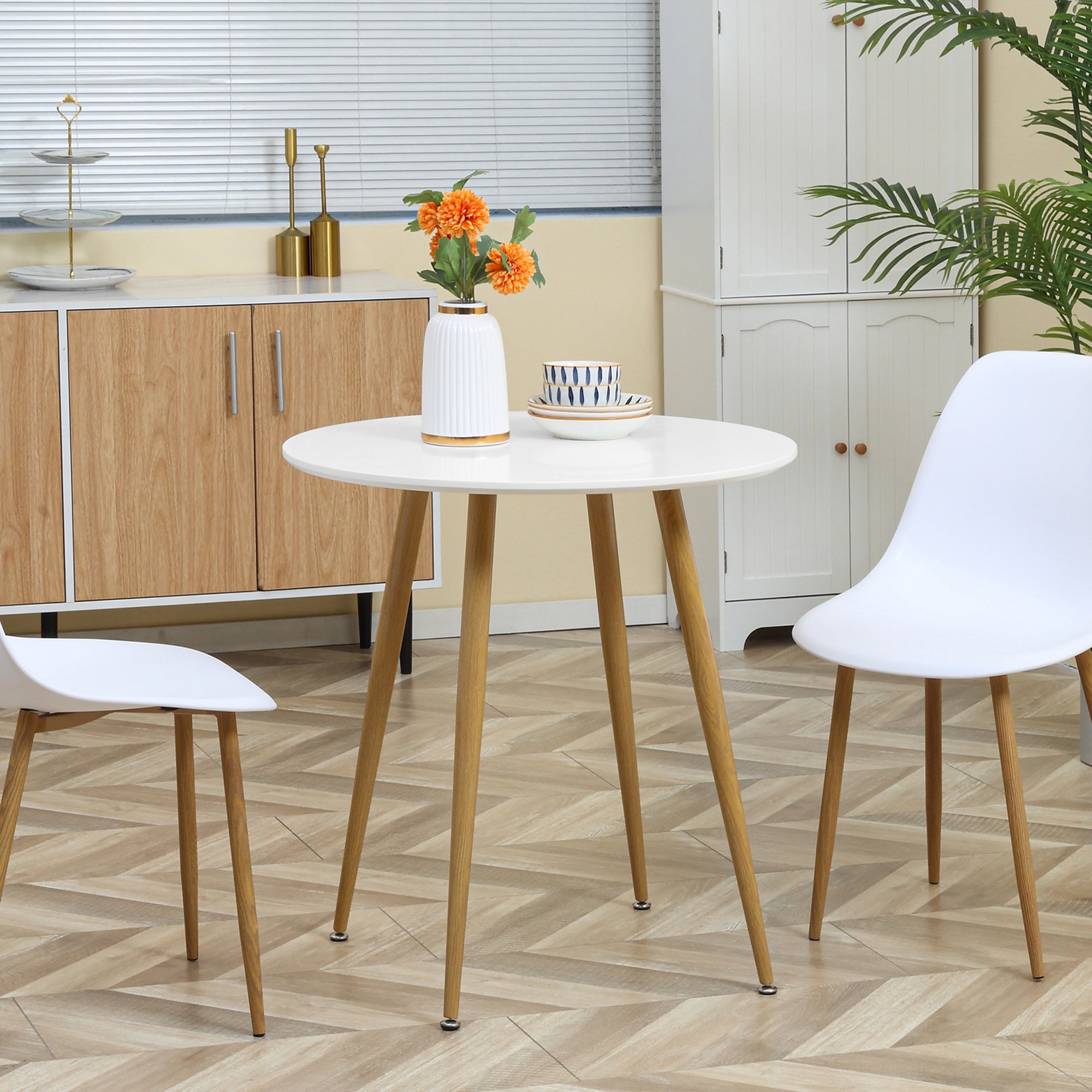HOMCOM Modern Dining Table for 2 People, Round Kitchen Table, with Matte Top and Metal legs, Dining Room Living Room, White - North Peak Garden Furniture
