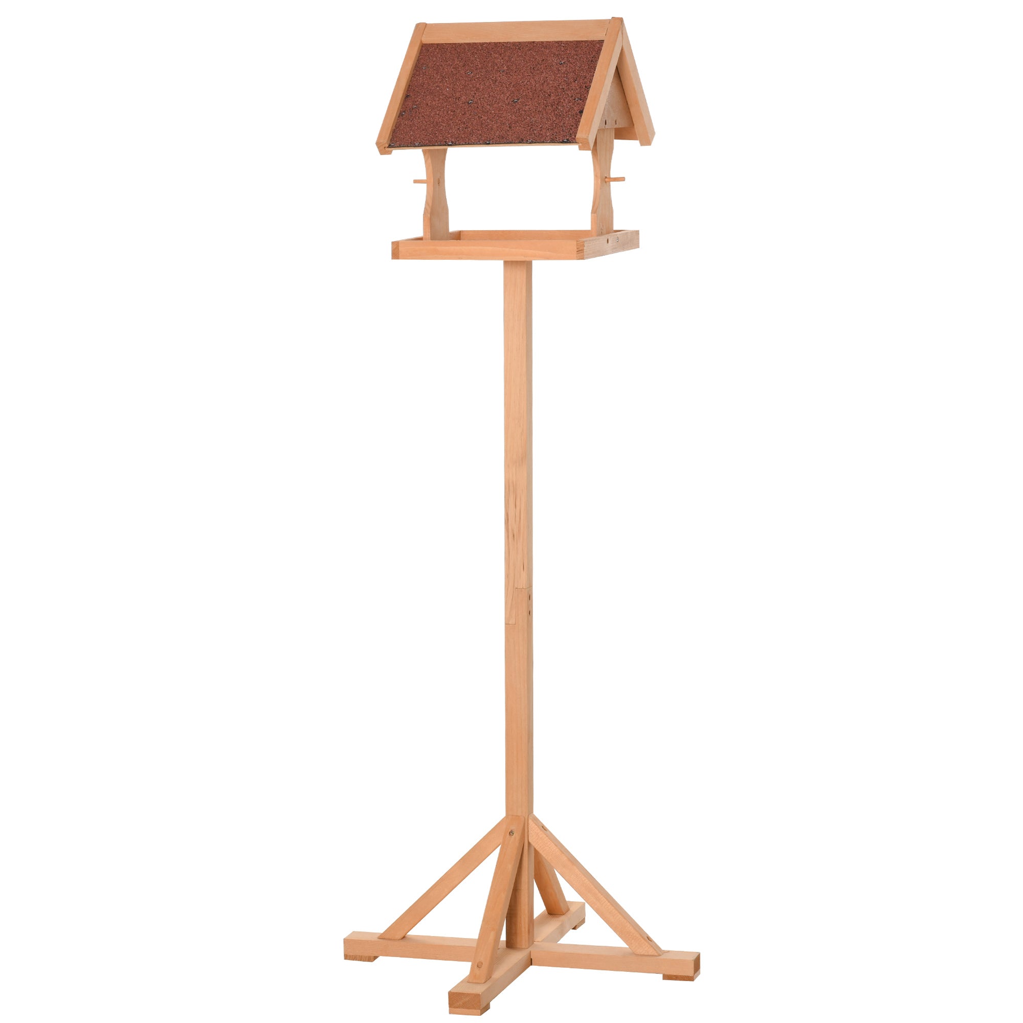 PawHut Bird Feeder Table, Wooden Freestanding Outdoor Feeding Station with Weatherproof Roof, Cross-shaped Base, Natural, 55 x 55 x 144cm