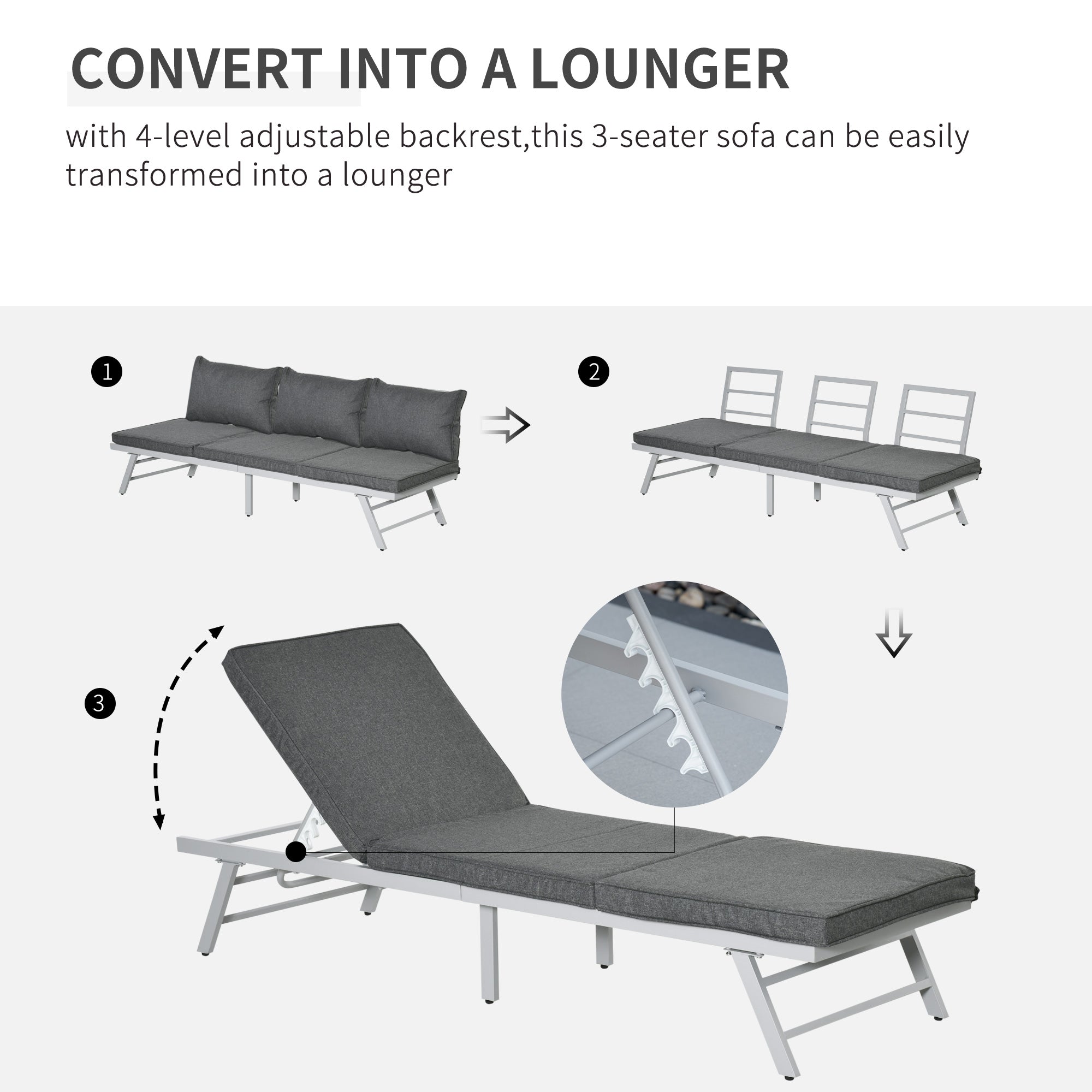 Outsunny 3 Pieces Garden Furniture Sets, 6 Seater Corner Sofa Set with Adjustable Backrest Chase Lounge with Slatted Metal Top Table, Padded Cushion, Grey - North Peak Garden Furniture