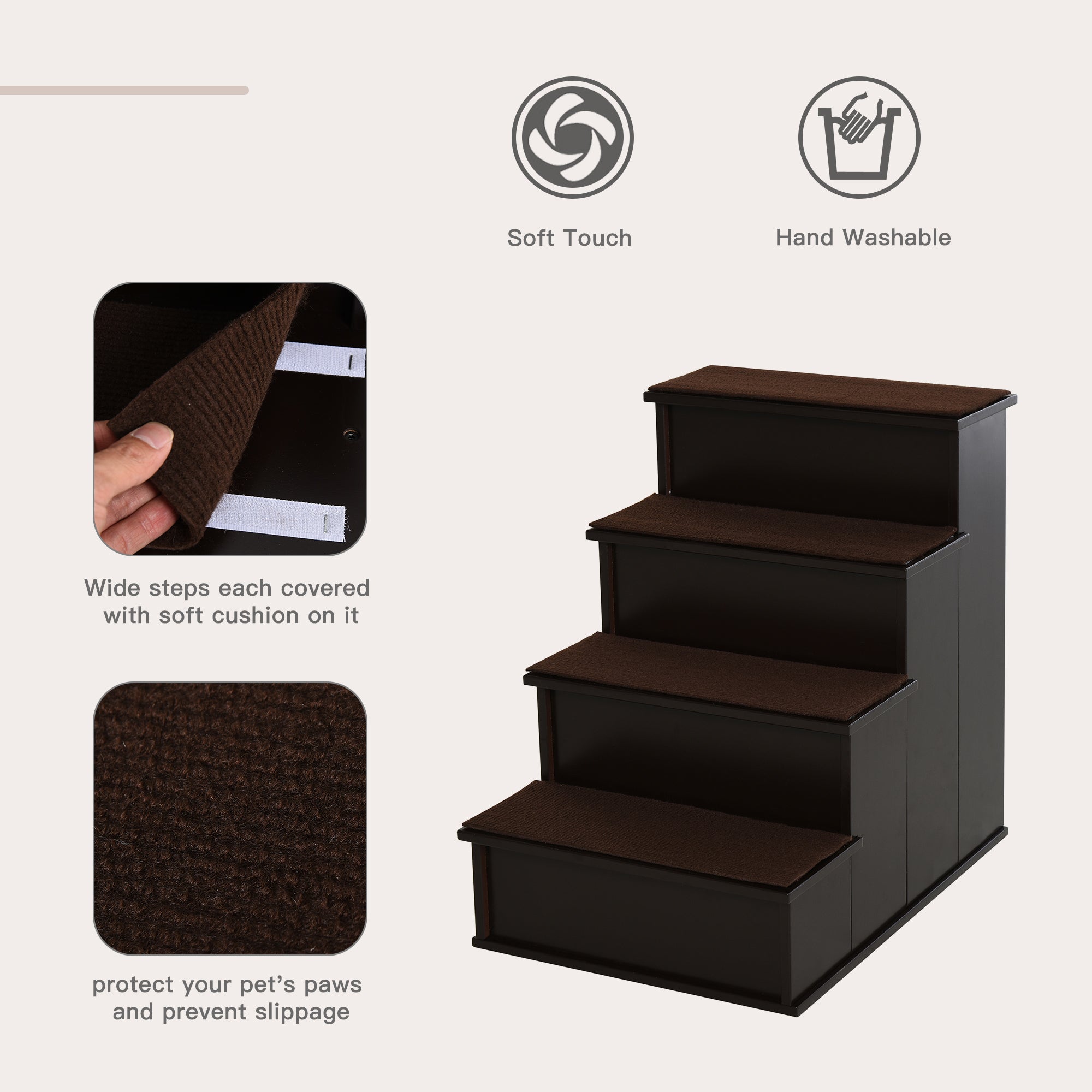 PawHut 4 Step Wooden Dog Steps Pet Stairs for Dogs, Cat Ladder for Bed Couch with Non-Slip Carpet 40 x 59 x 54.2 cm, Dark brown - North Peak Garden Furniture