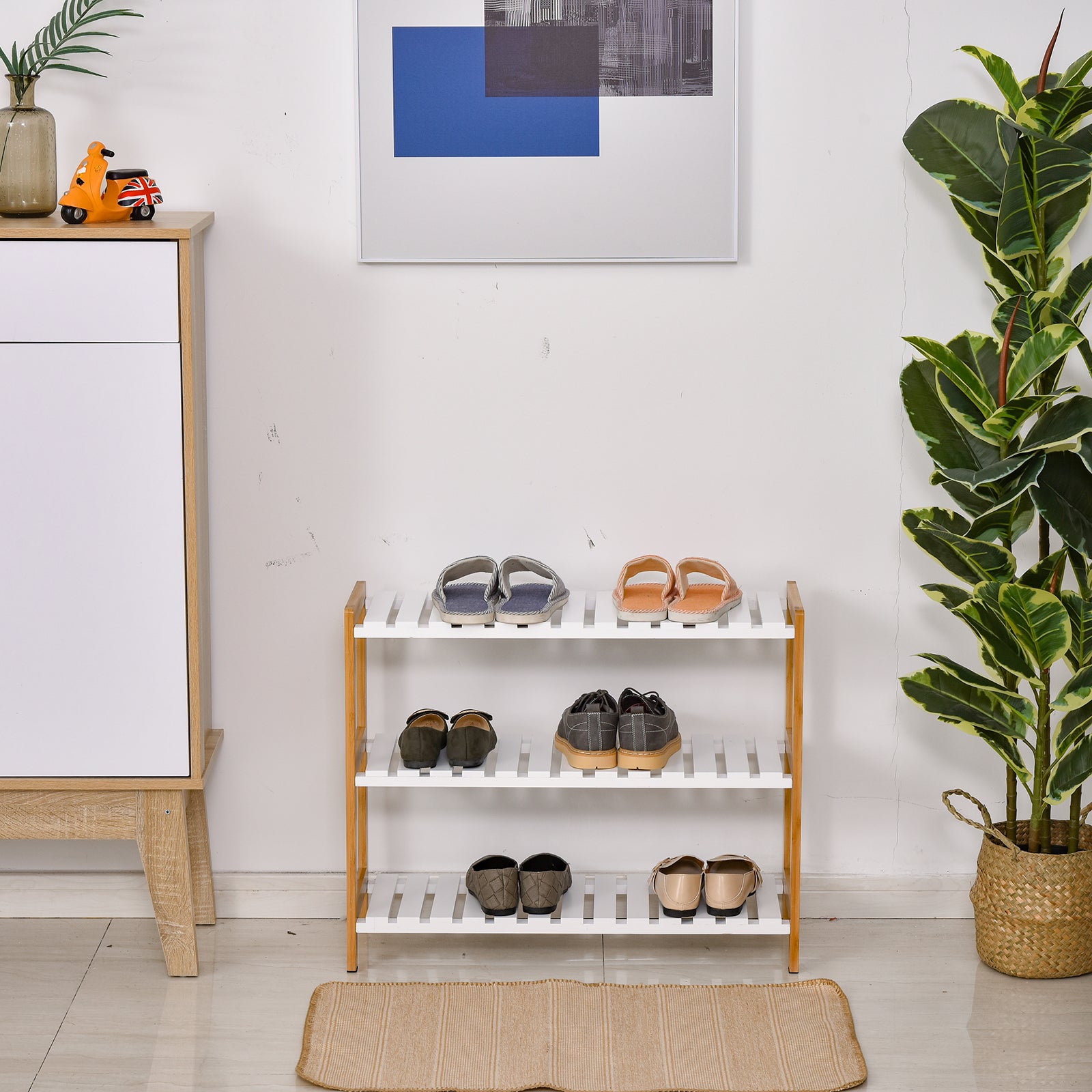 HOMCOM 3-Tier Shoe Rack Wood Frame Slatted Shelves Spacious Open Hygienic Storage Home Hallway Furniture Family Guests 70L x 26W x 57.5H cm - Natural - North Peak Garden Furniture