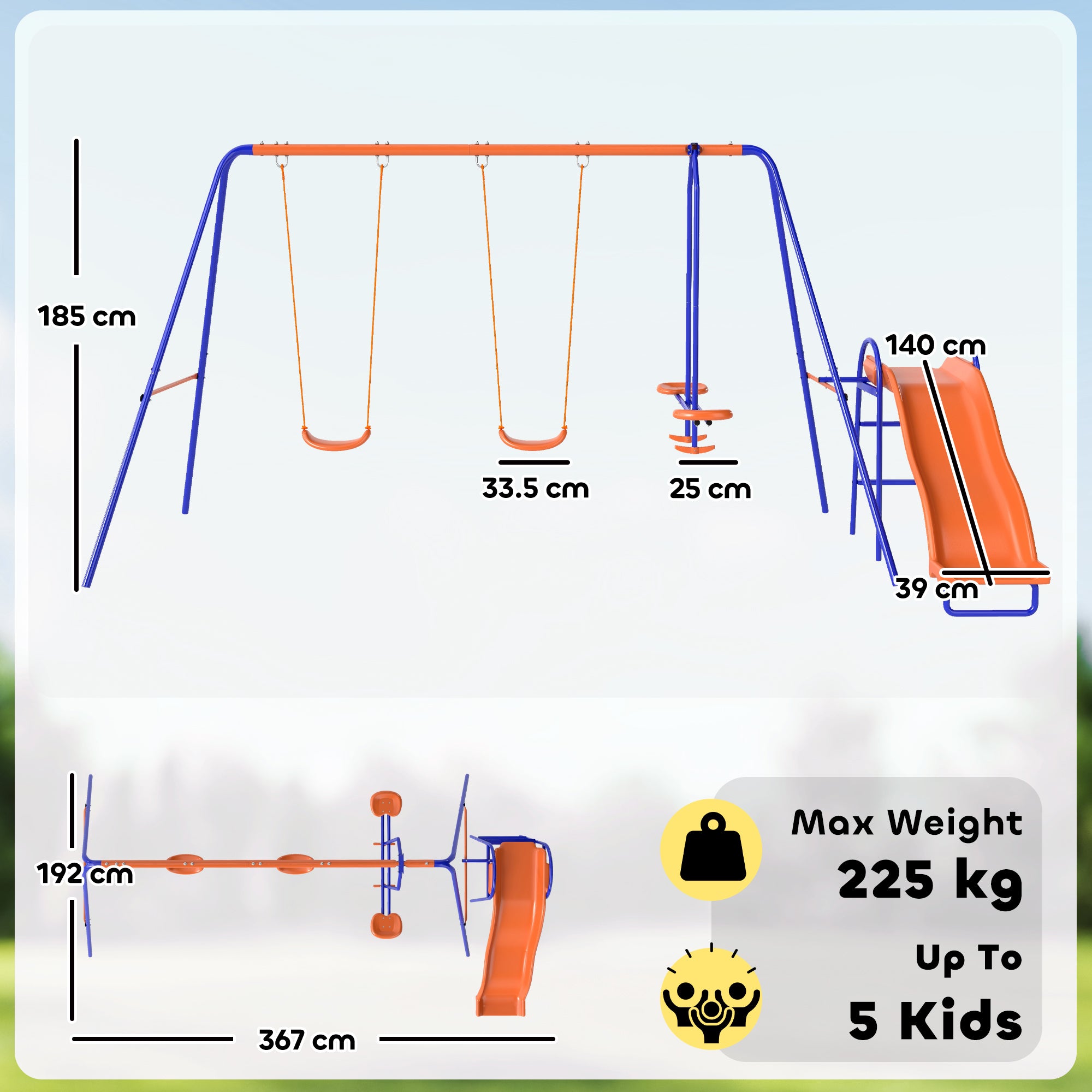 Outsunny Four-In-One Metal Garden Swing Set, with Double Swings, Glider, Slider, Ladder - Orange and Blue