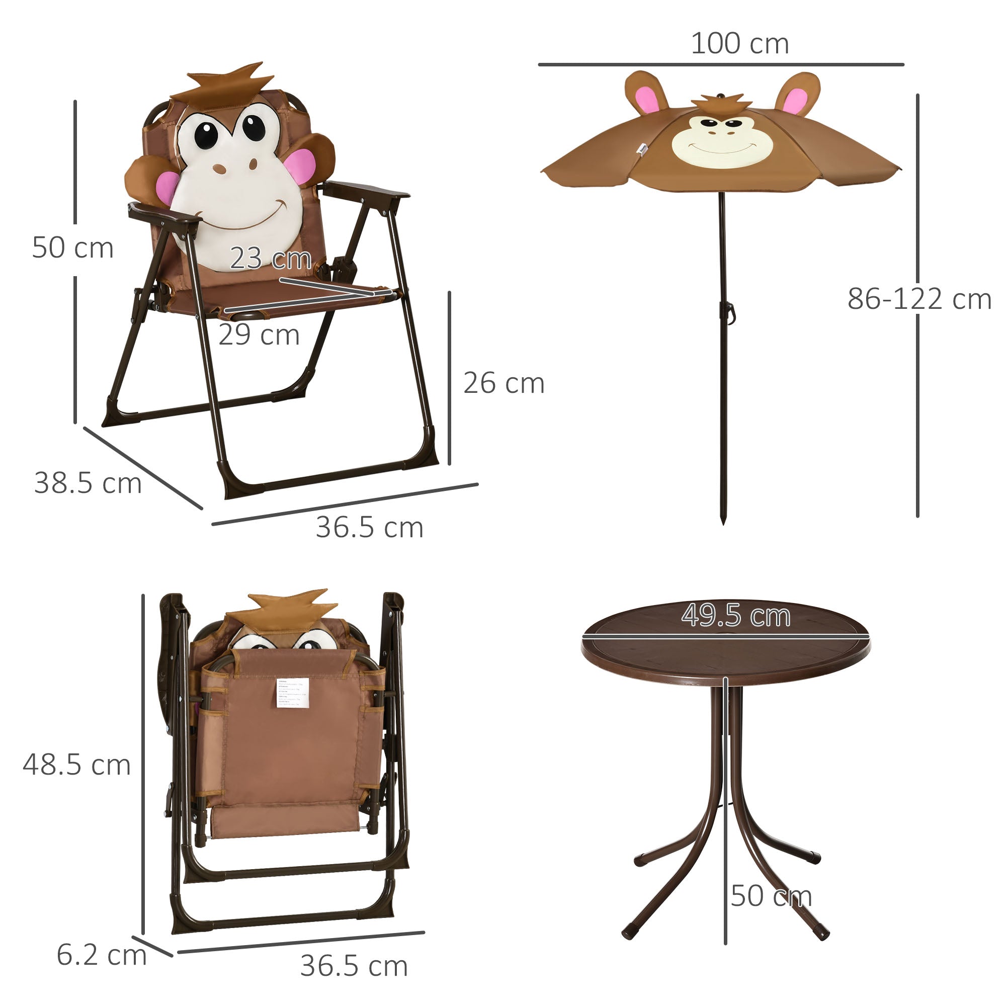 Outsunny Kids Bistro Table and Chair Set, Outdoor Folding Garden Furniture w/Monkey Design, Removable, Adjustable Sun Umbrella, Ages 3-6 Years - Brown - North Peak Garden Furniture