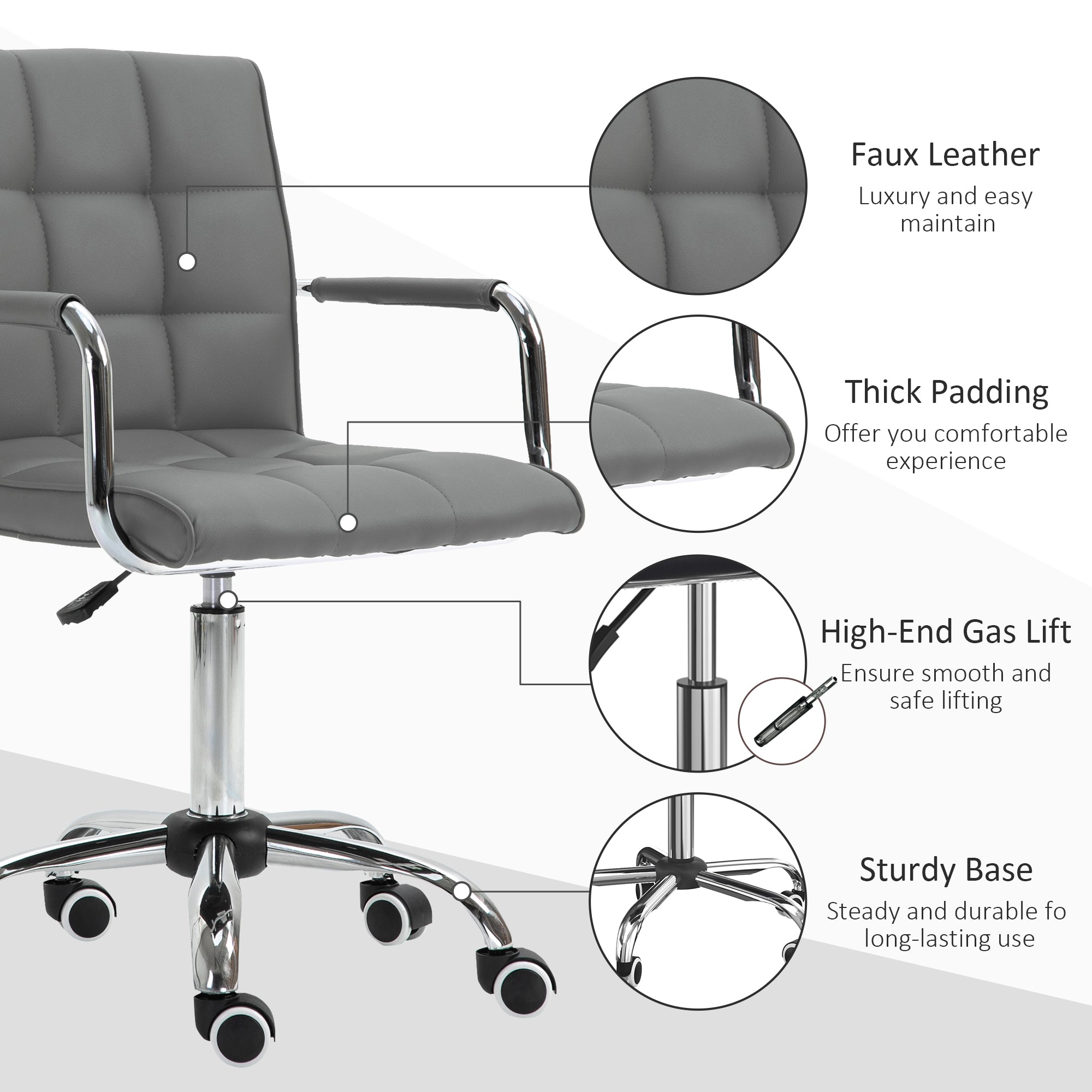 Vinsetto PU Leather Home Office Desk Chair, Computer Chair with Mid Back, Arm, Swivel Wheels, Adjustable Height, Grey - North Peak Garden Furniture