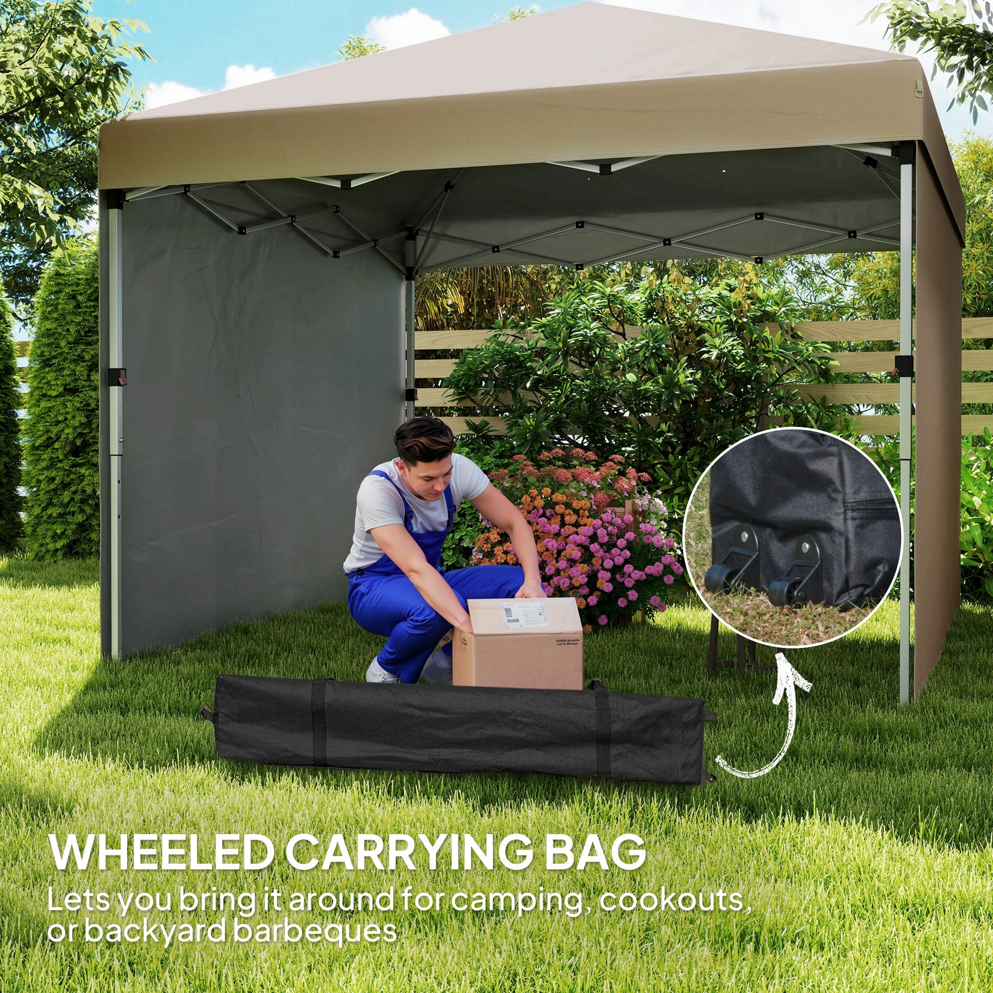 Outsunny 3 x 3 (M) Pop Up Gazebo, UPF 30+ with 2 Sidewalls, Leg Weight Bags and Wheeled Bag, Height Adjustable Party Tent Event Shelter for Garden, Patio, Khaki - North Peak Garden Furniture