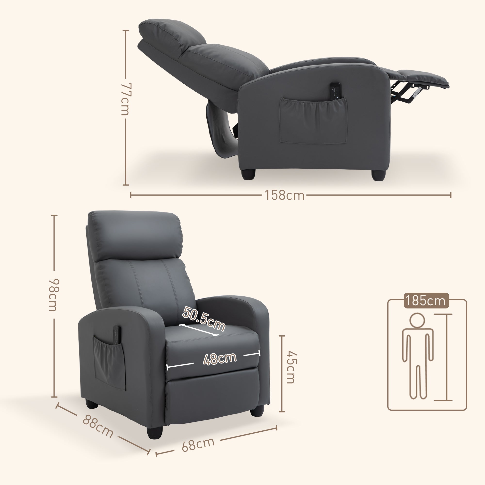 HOMCOM Recliner Armchair, Massage Faux Leather Push Back Reclining Chair with Adjustable Leg Rest, Side Pocket, for Home Living Room Theatre, Grey