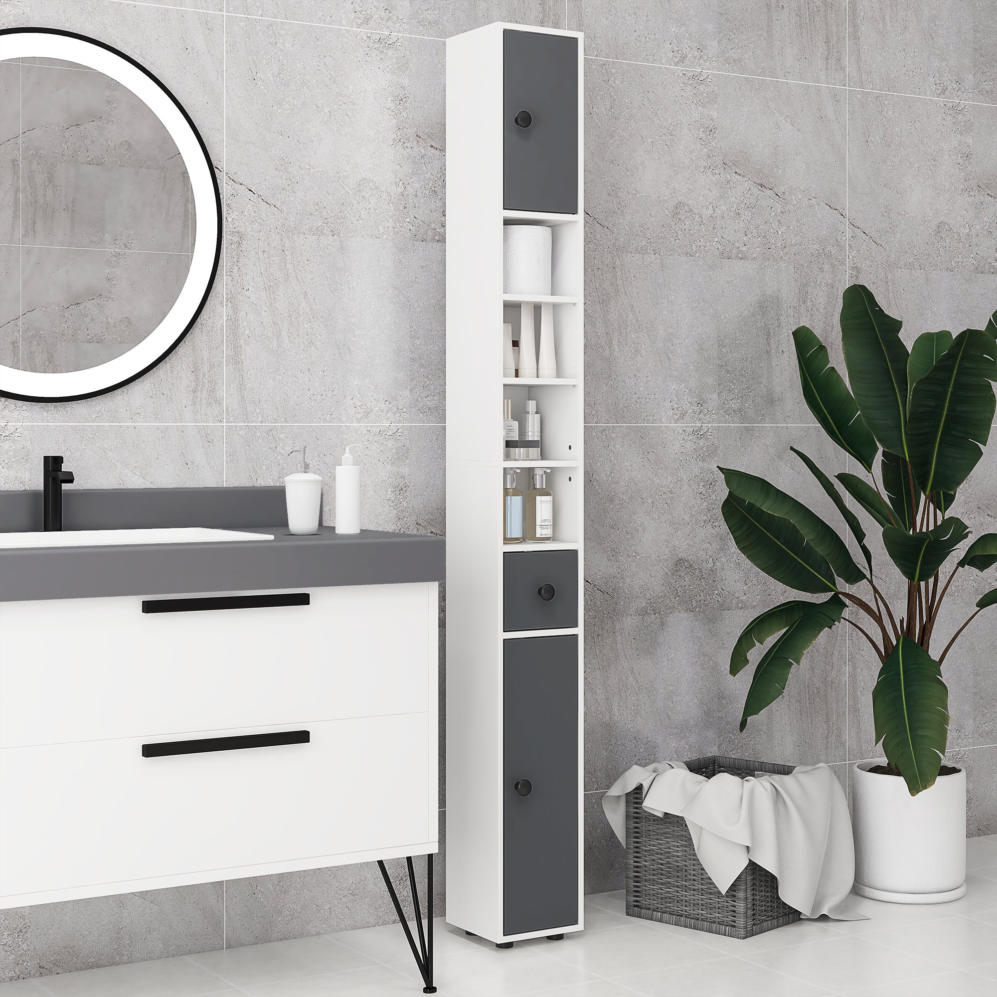 kleankin 180cm Slim Bathroom Cabinet, with Drawer, Shelves and Cupboards - Grey - North Peak Garden Furniture