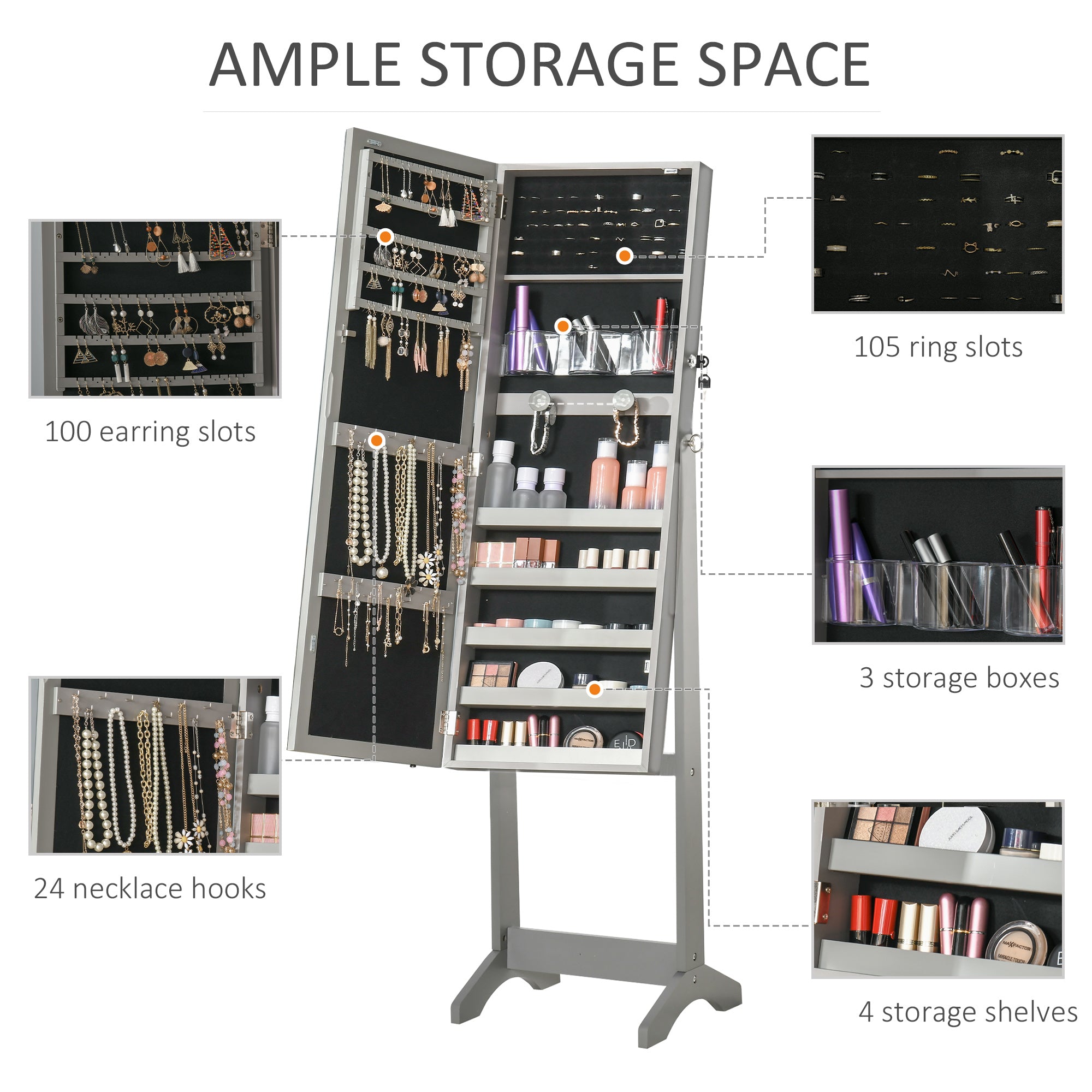 HOMCOM Jewellery Cabinet with LED Light, Lockable Jewellery Organiser with Full-Length Mirror for Bedroom Dressing Room, Grey - North Peak Garden Furniture
