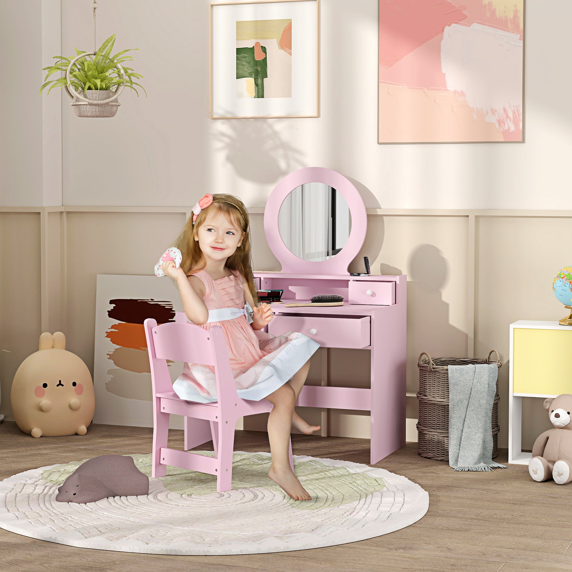 AIYAPLAY Kids Dressing Table Set Kids Make up Table with Stool and Mirror, Storage Drawers, Gift for Aged 3-8 - North Peak Garden Furniture