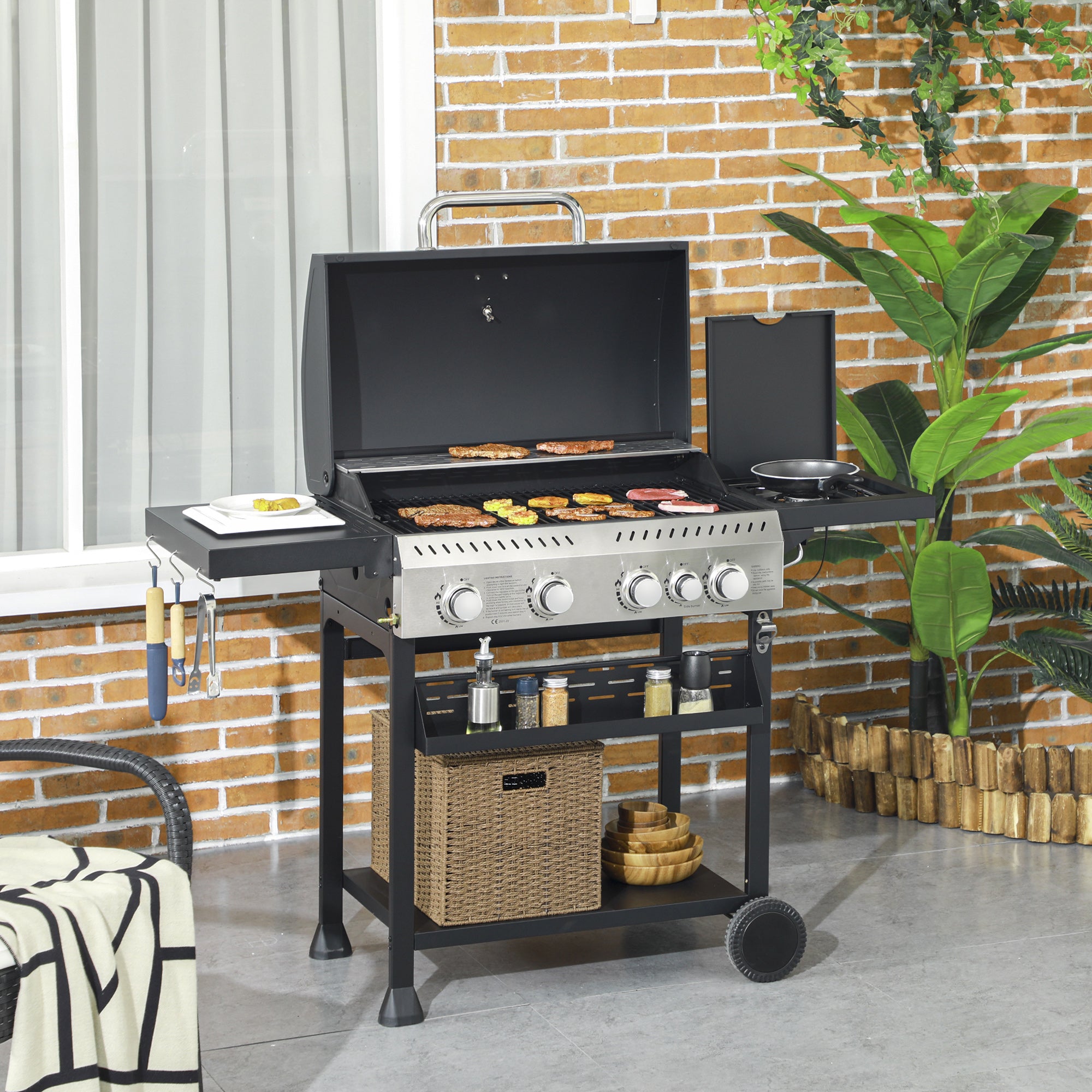 Outsunny Five-Burner Steel Gas Grill, with Thermometer - Black - North Peak Garden Furniture