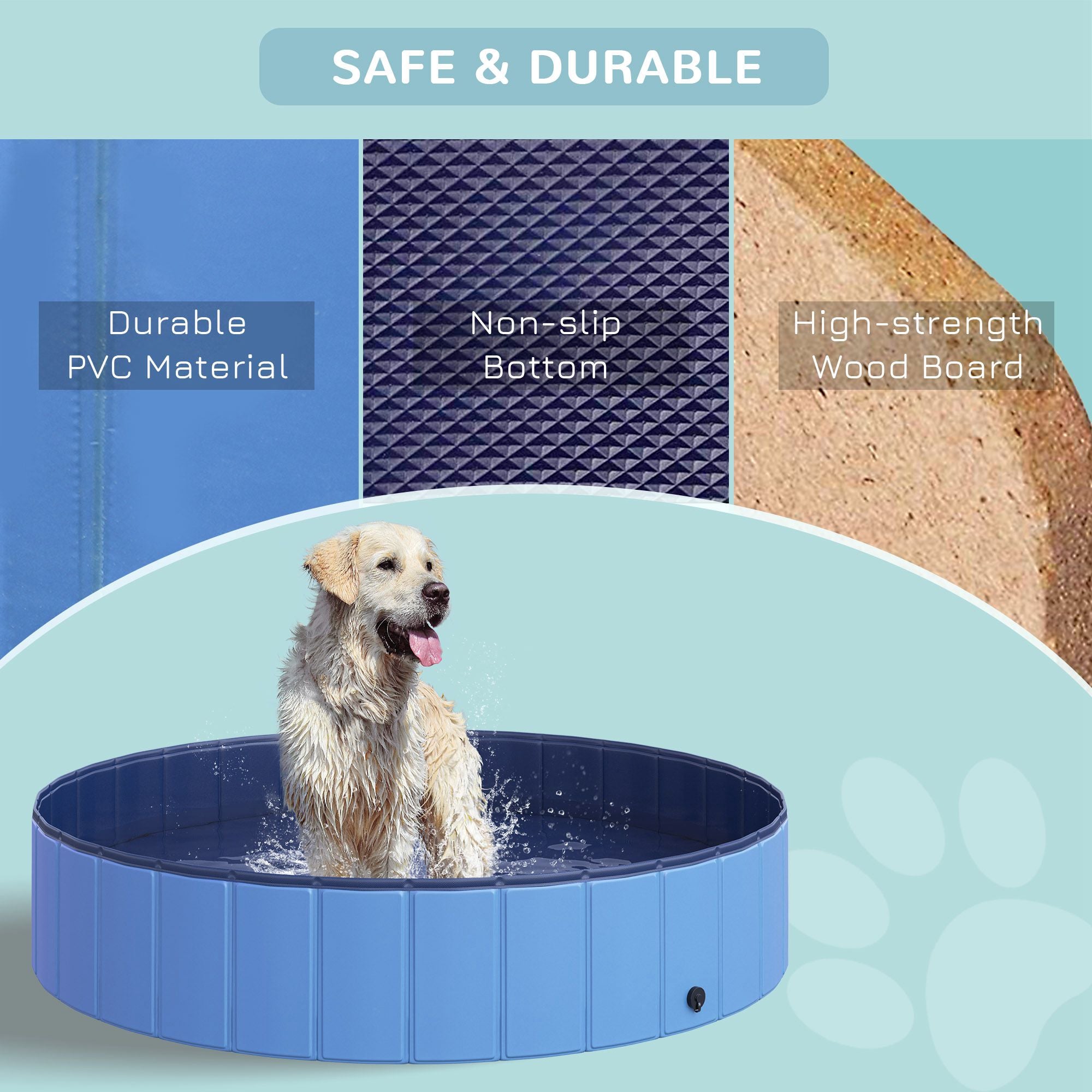 Pawhut Durable Pet Swimming Pool, Foldable Dog Paddling Pool, Easy Setup, Non-Slip, 140 x 30H cm, Blue