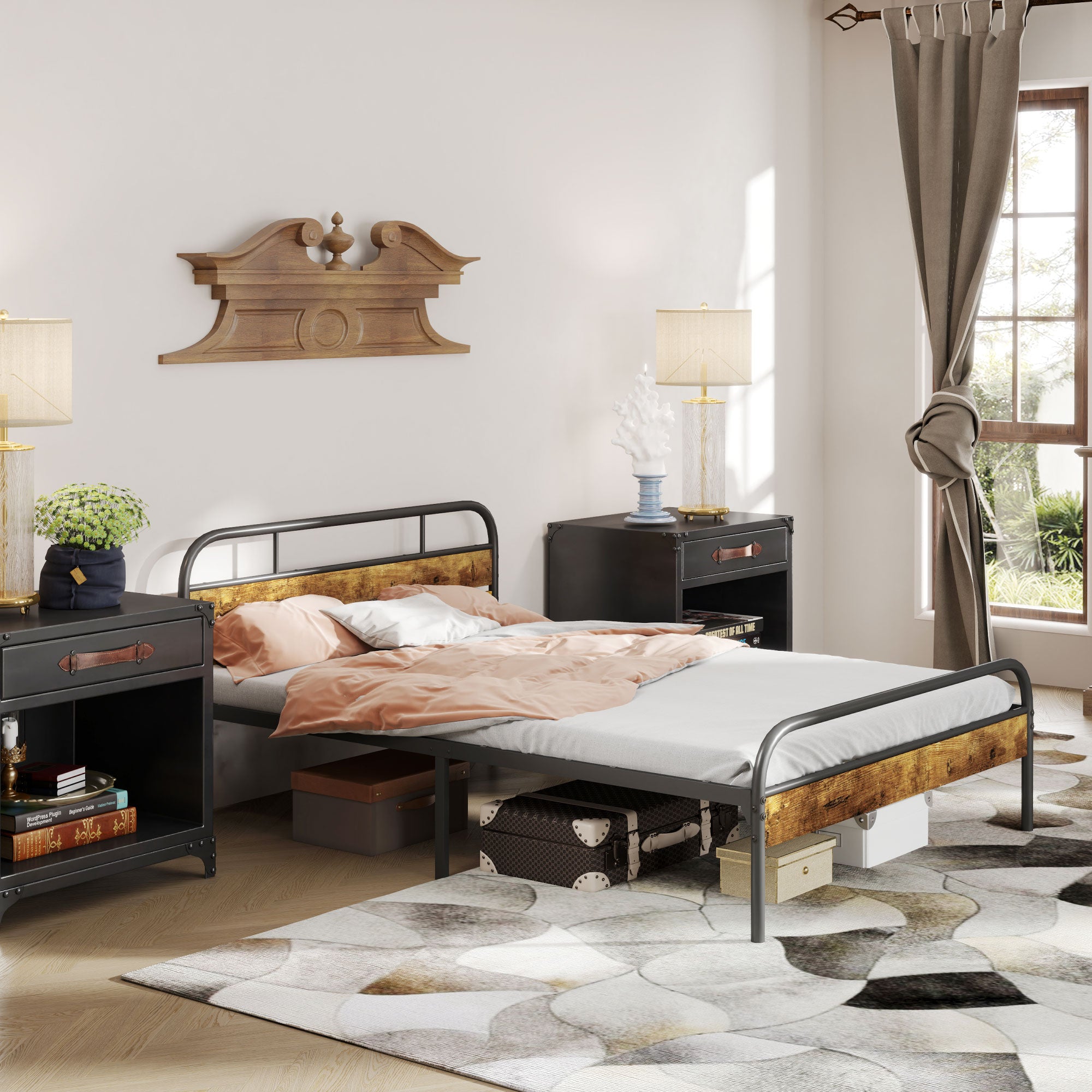 HOMCOM Industrial-Style Double Bed Frame - Black/Brown - North Peak Garden Furniture