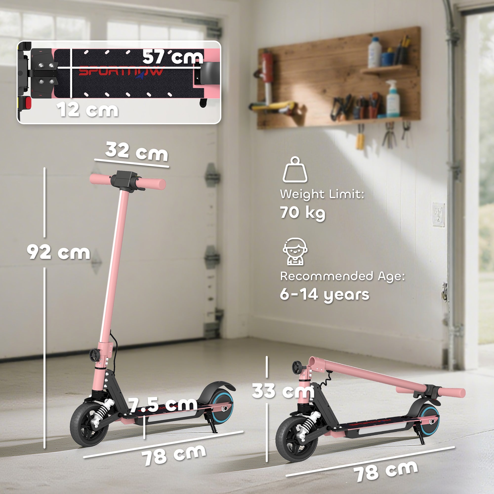 SPORTNOW Folding Electric Scooter for Kids Age 6-14 with Dual Brakes, Front Suspension, LED Colourful Lights and Display, 6.8kg Lightweight Aluminium E Scooter, Up to 14 KM/H & 6 KM, Pink