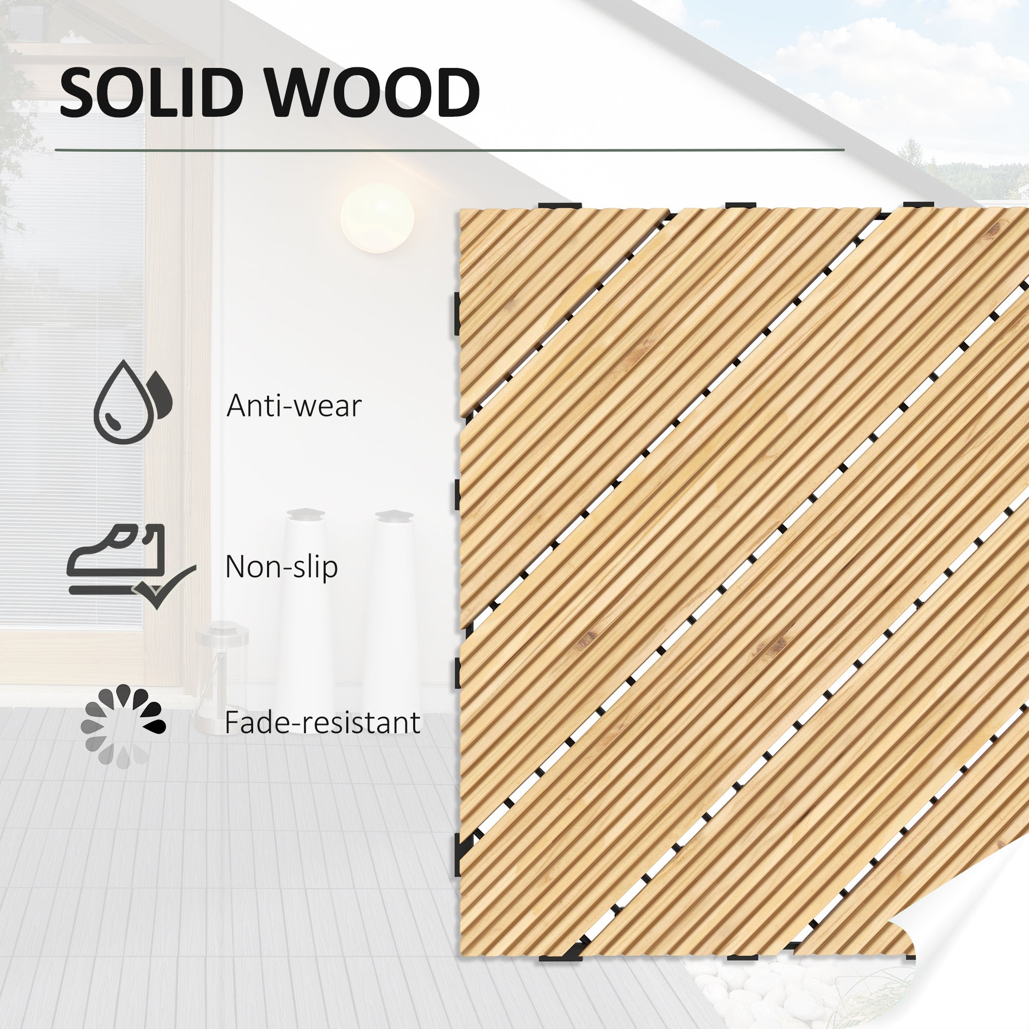 Outsunny 27 Pcs Wooden Interlocking Decking Tiles, 30 x 30 cm Anti-slip Outdoor Flooring Tiles, 0.81㎡ per Pack, All Weather Use for Patio, Balcony, Terrace, Hot Tub, Yellow - North Peak Garden Furniture