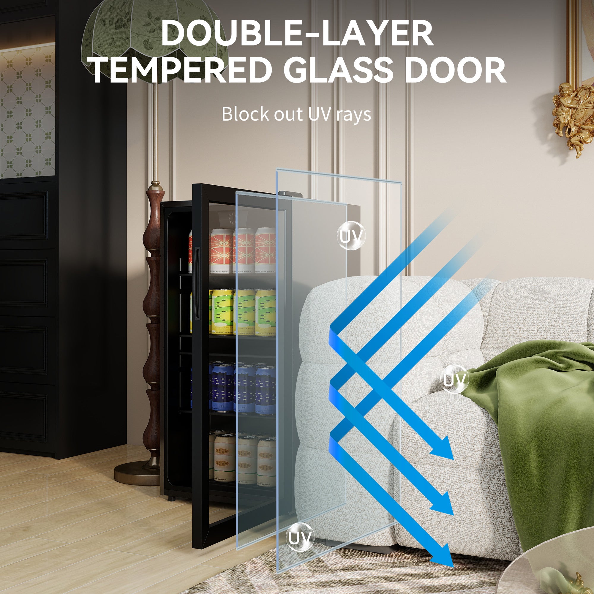 HOMCOM 93L Drinks Fridge, 115 Can Freestanding Beer Fridge with Glass Door, Adjustable Shelves, LED Light, for Beer Soda, Black