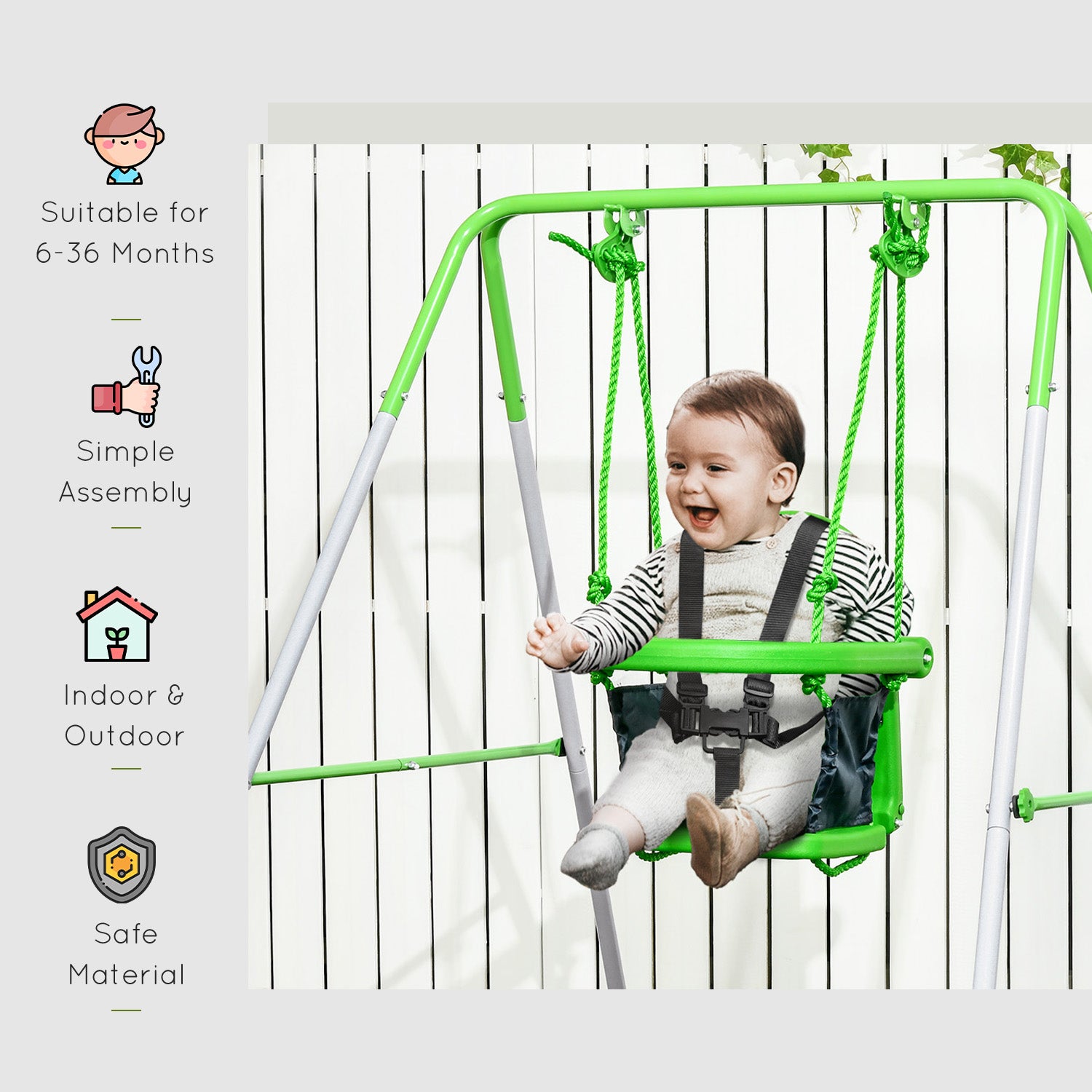 Outsunny Kids Swing, Steel Nursery Swing, with Seatbelt, High Support Back, Front Guard, for Ages 6-36 Months - Green - North Peak Garden Furniture