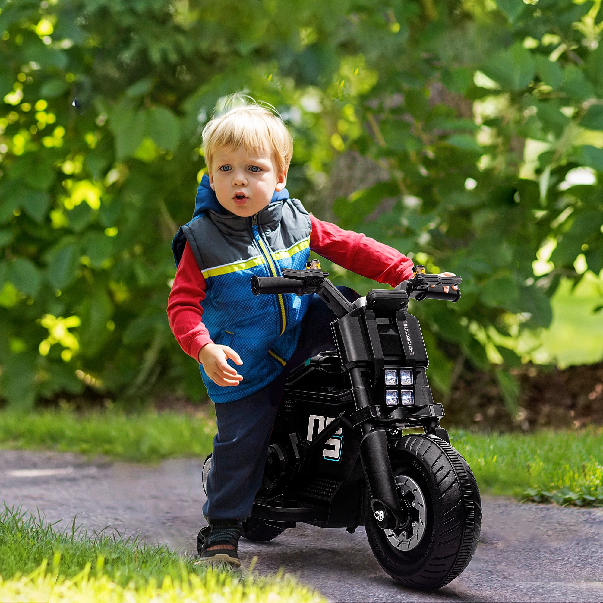 HOMCOM Kids Electric Motorbike with Siren, Horn, Headlights, Music, Training Wheels, for Ages 3-5 Years - Black - North Peak Garden Furniture