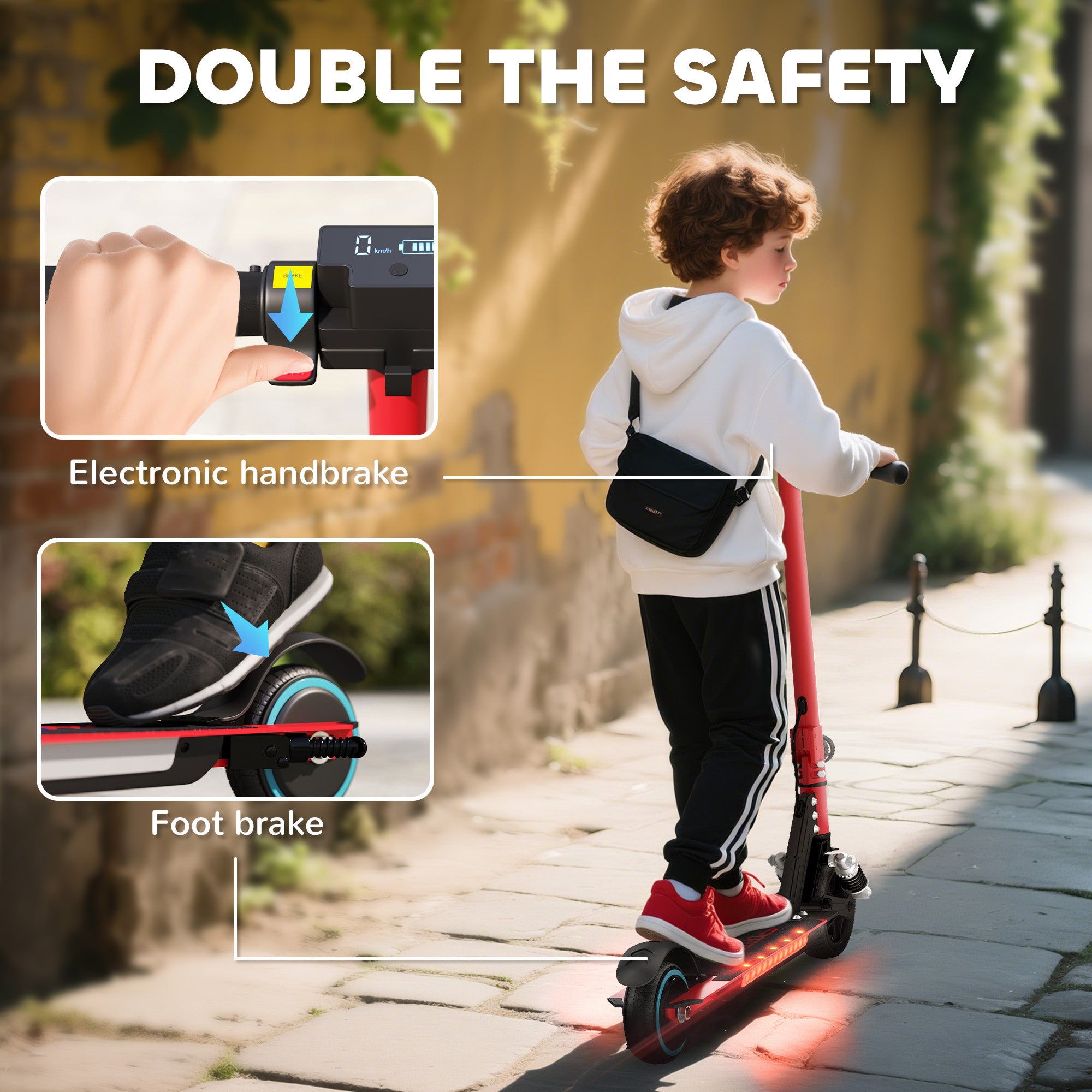 SPORTNOW Folding Electric Scooter for Kids Age 6-14 with Dual Brakes, Front Suspension, LED Colourful Lights and Display, 6.8kg Lightweight Aluminium E Scooter, Up to 14 KM/H & 6 KM, Red