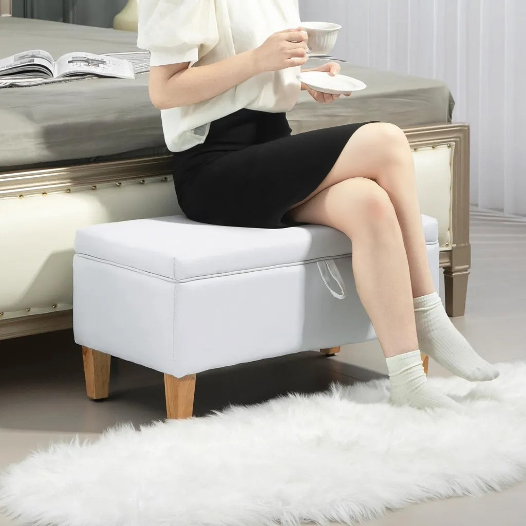 HOMCOM Linen Storage Ottoman Padded Footstool with Rubberwood Legs for Storage Box, Bed End, Shoe Bench, Seating, Cream White - North Peak Garden Furniture