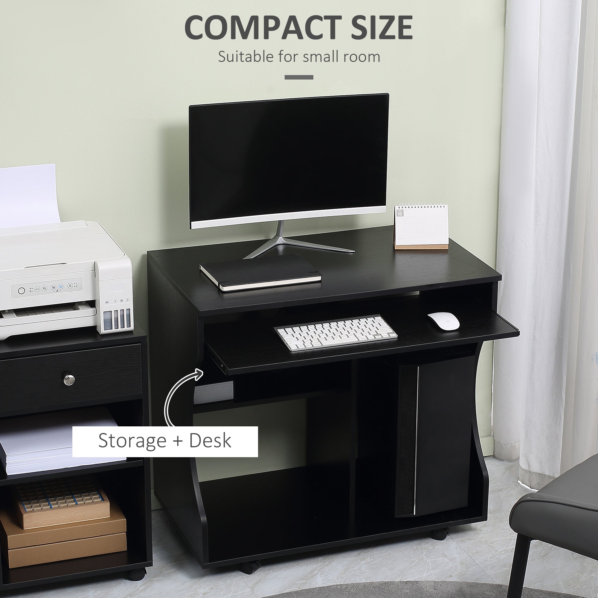HOMCOM Multi-Storage Compact Work Desk, with Wheels - Black - North Peak Garden Furniture