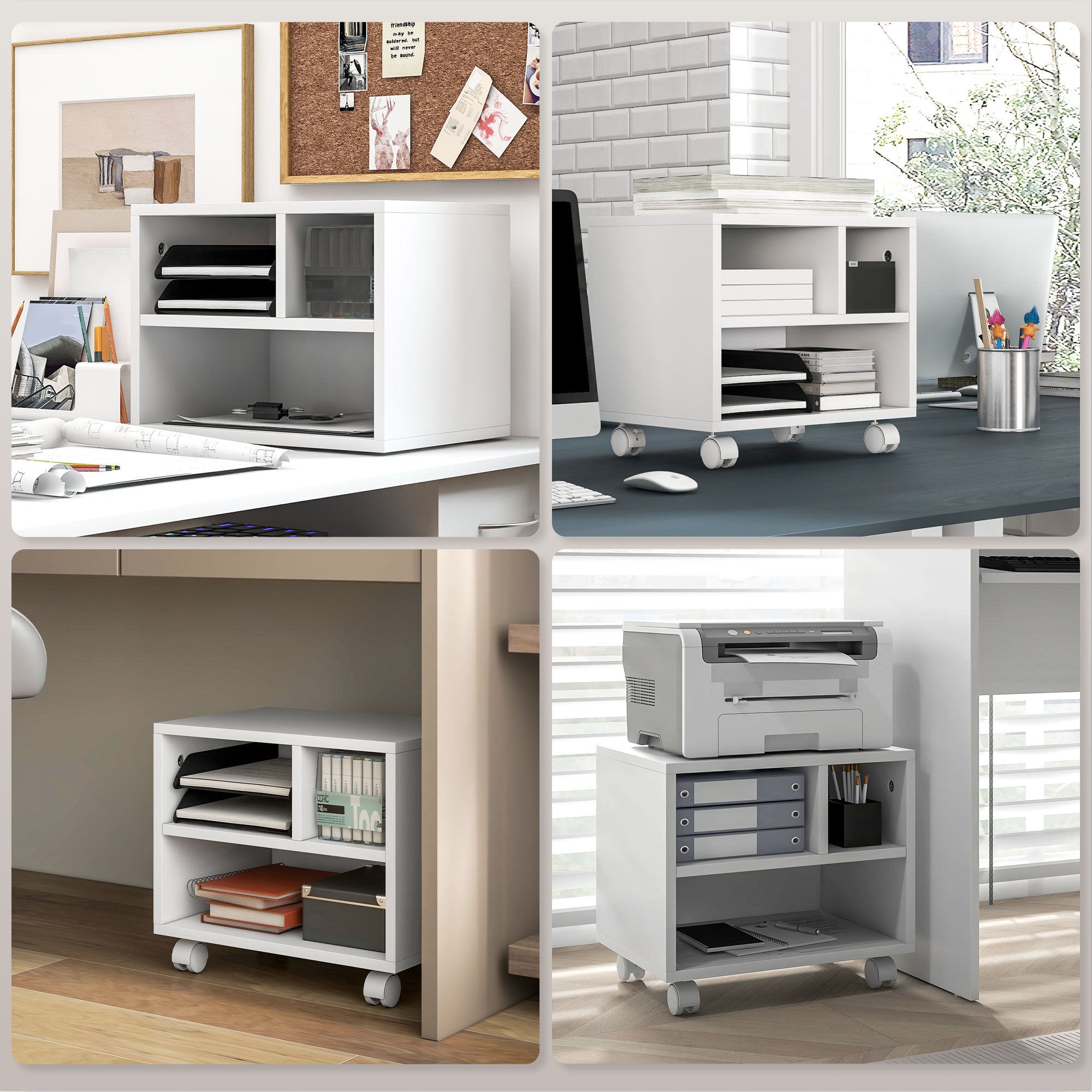 HOMCOM Three-Compartment Printer Cabinet, with Wheels - White - North Peak Garden Furniture