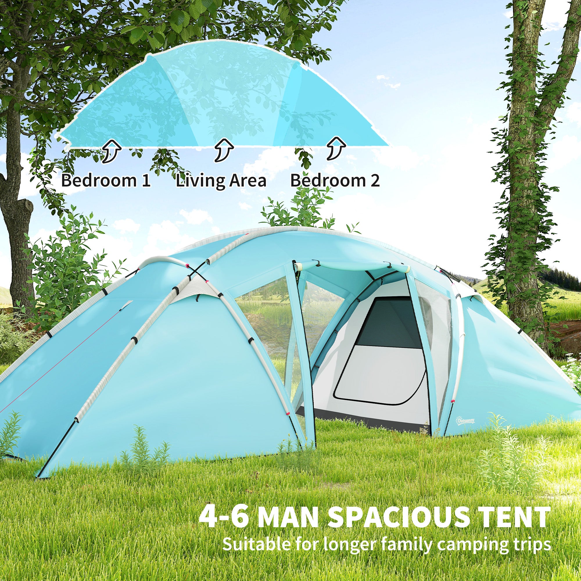 Outsunny 4-6 Man Family Camping Tent w/ 2 Bedrooms and a Living Room, Waterproof Tunnel Tent w/ Sewn In Groundsheet, Doors, Windows, Carry Bag, Blue - North Peak Garden Furniture