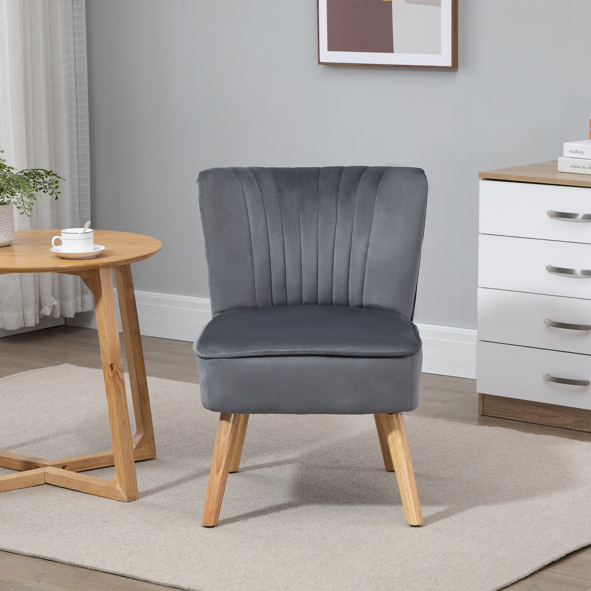 HOMCOM Velvet Accent Chair Occasional Tub Seat Padding Curved Back with Wood Frame Legs Home Furniture Set of 2 Grey