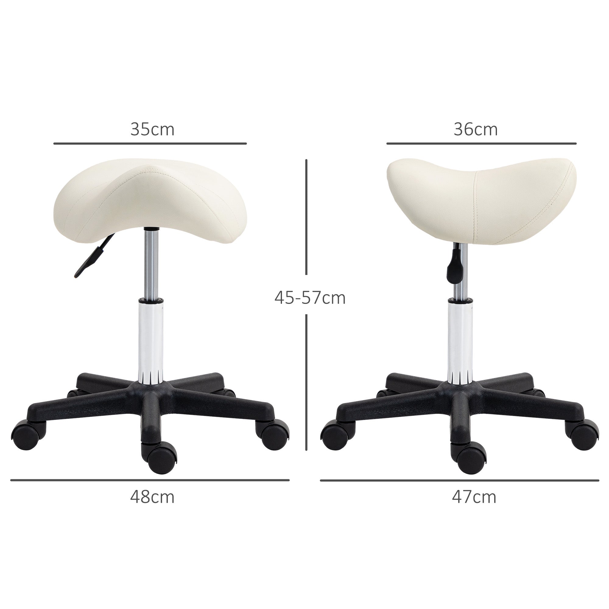 HOMCOM Saddle Stool, PU Leather Adjustable Rolling Salon Chair with Steel Frame for Massage, Spa, Beauty and Tattoo, White - North Peak Garden Furniture