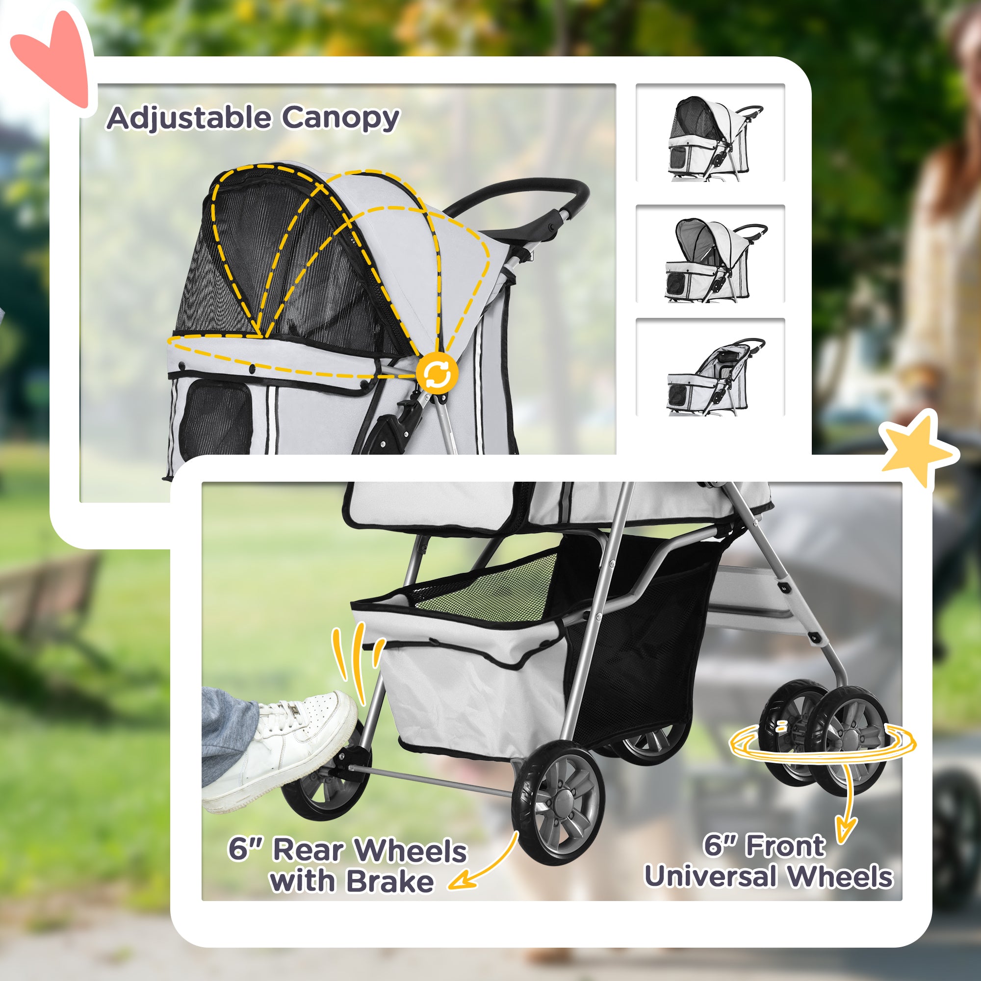 PawHut Pet Stroller for Pooches: Foldable Pushchair with Wheels, Zipper Entry, Cup Holder & Basket, Grey