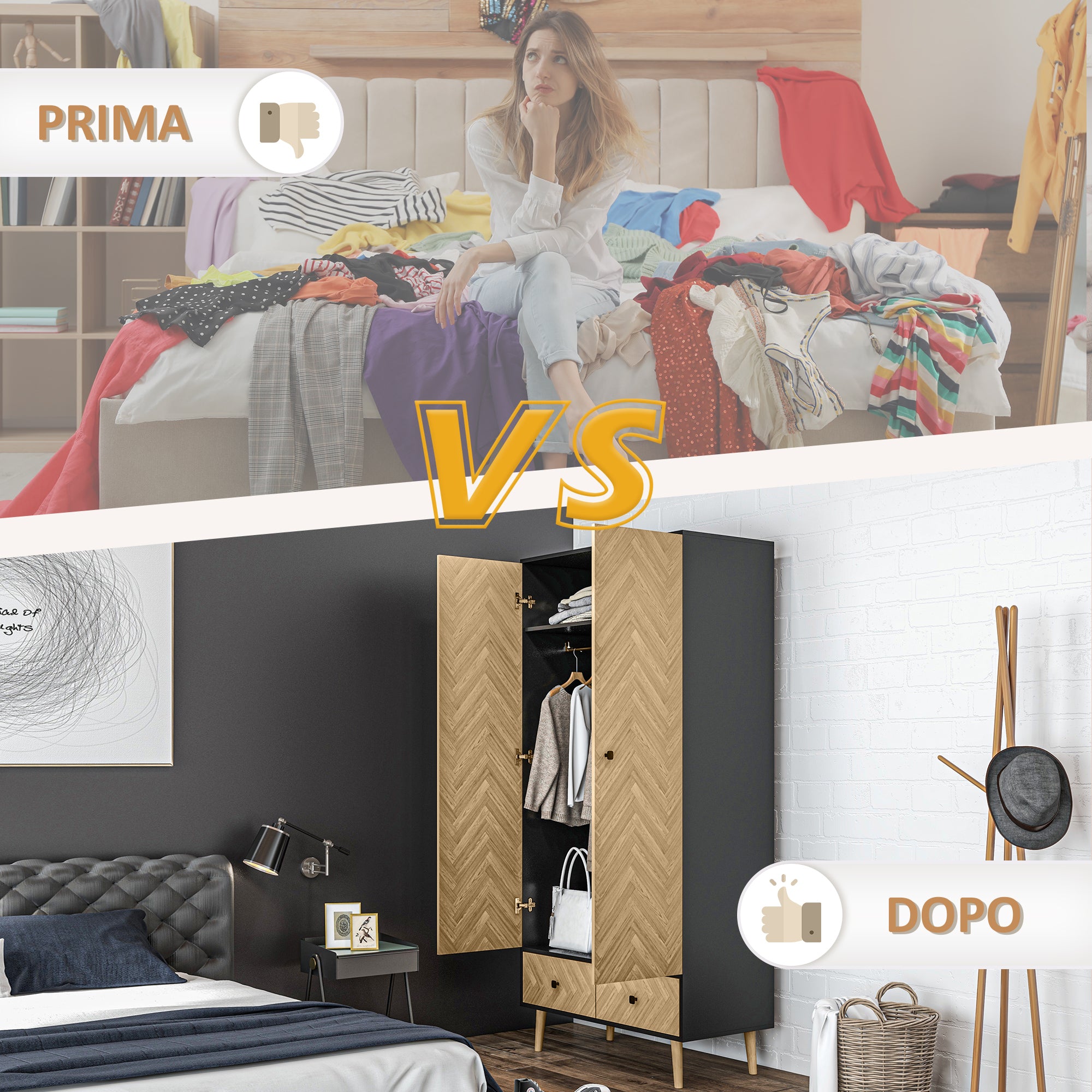 HOMCOM Modern Wardrobe Cabinet Wood Grain Sticker Surface with Shelf, Hanging Rod and 2 Drawers 90x50x190cm - North Peak Garden Furniture