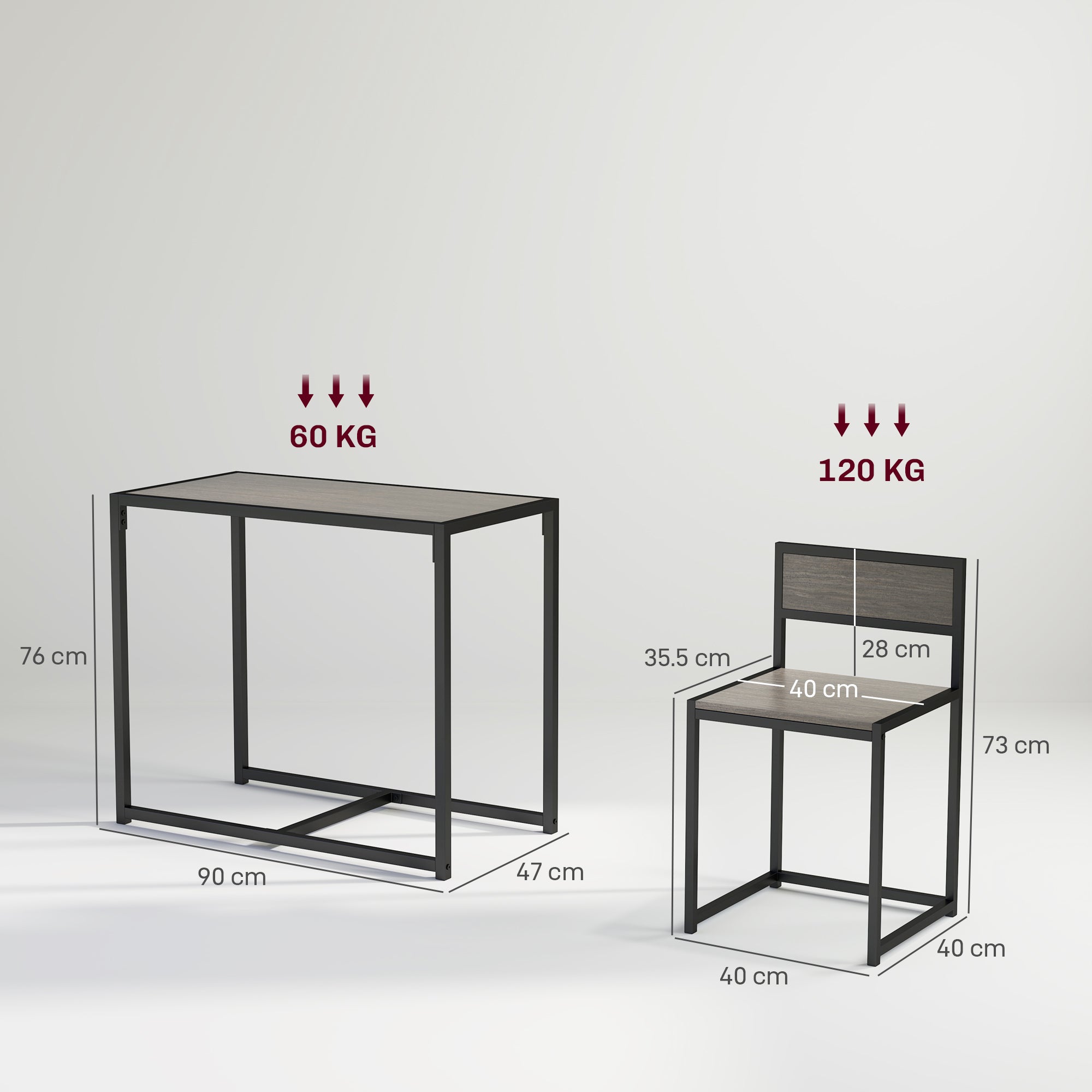 HOMCOM Dining Table and Chairs Set 2, Dining Room Sets, Rectangular Space Saving Table and 2 Chairs for Compact Kitchens, Steel Frame, Grey Wood-Effect - North Peak Garden Furniture