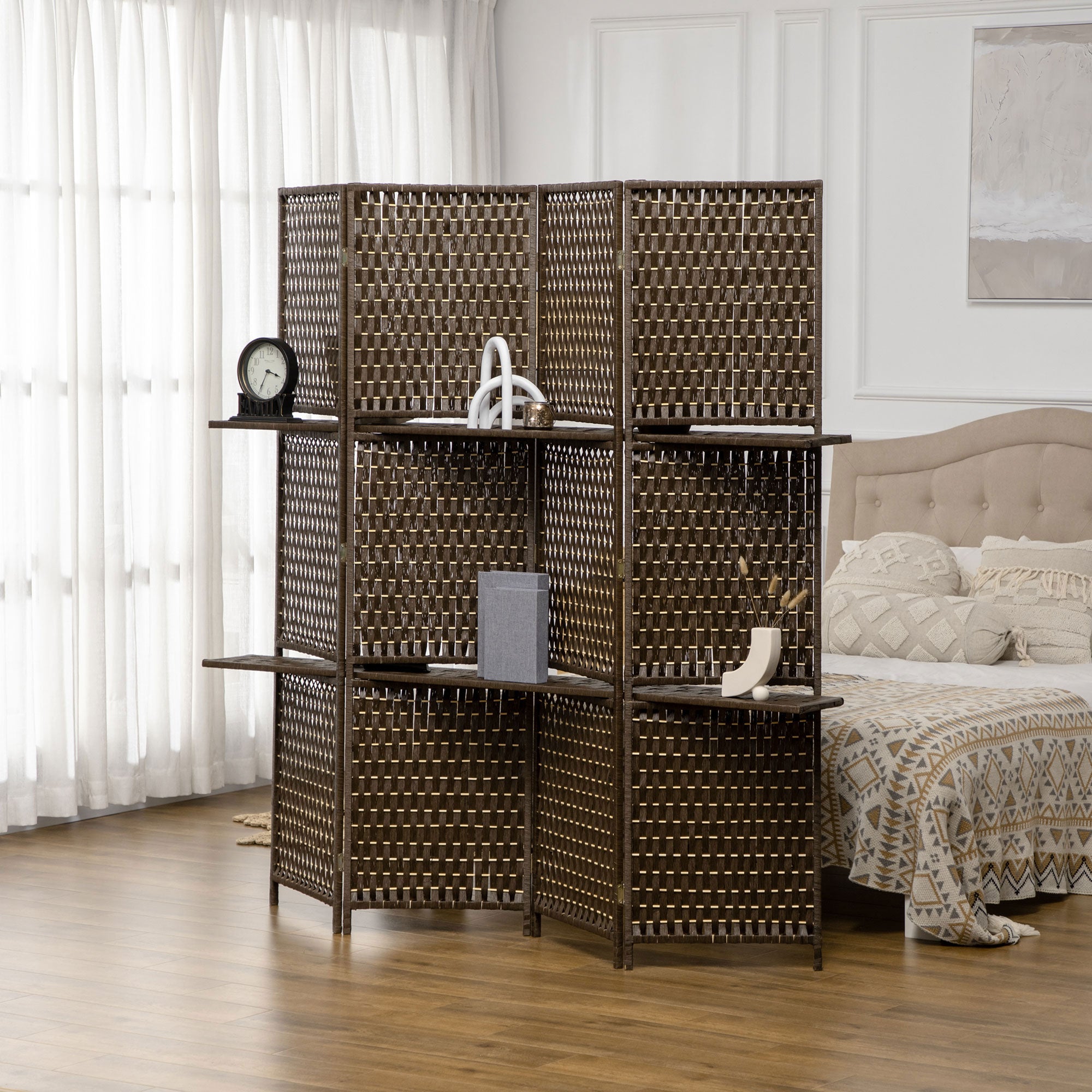 HOMCOM 4-Panel Room Dividers with Shelves, Wave Fibre Freestanding Folding Privacy Screen Panels, Partition Wall Divider for Indoor Bedroom Office, 180 cm, Brown - North Peak Garden Furniture