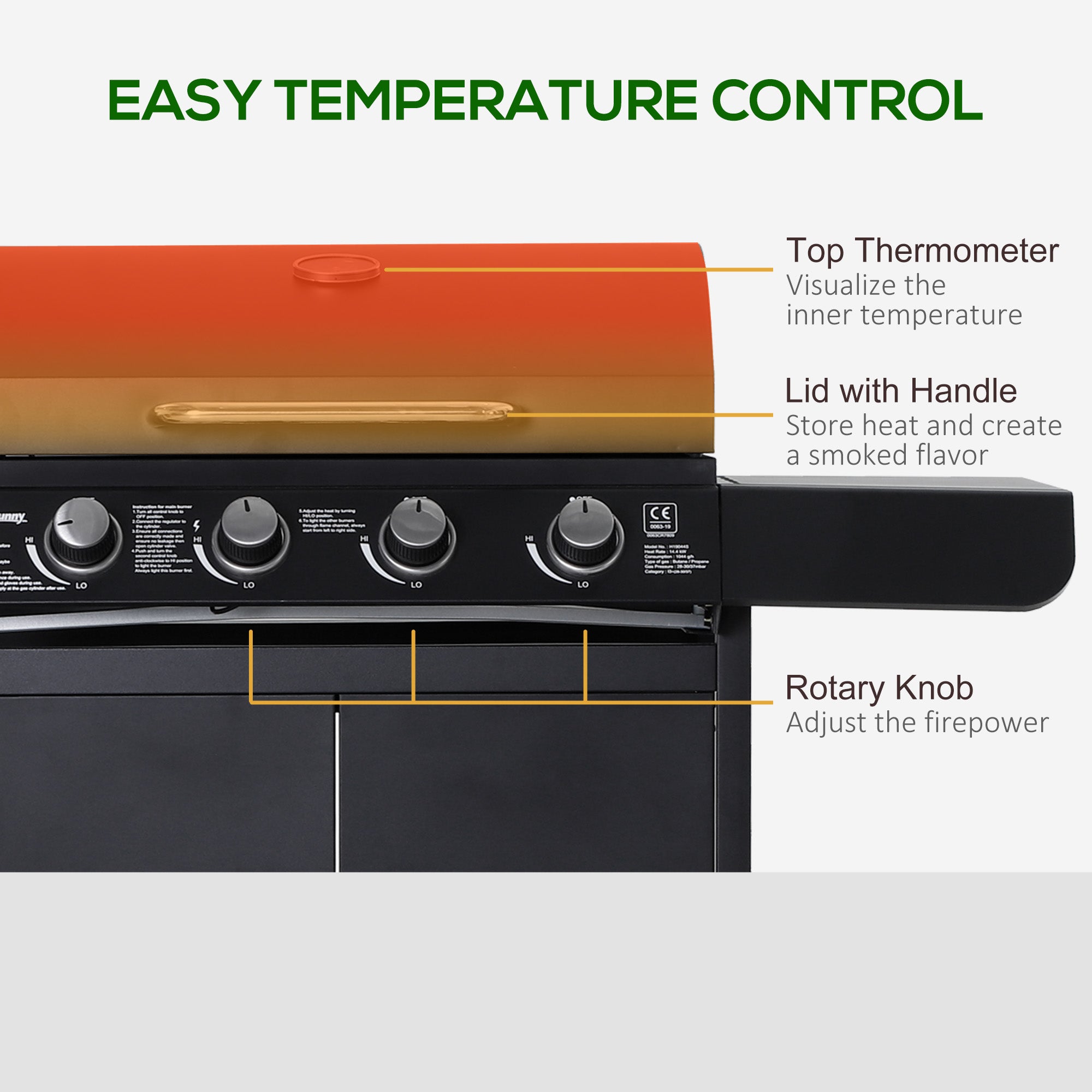 Outsunny 4+1 Gas Burner Grill BBQ Trolley Backyard Garden Smoker Side Burner Barbecue w/ Storage Side Table Wheels - North Peak Garden Furniture