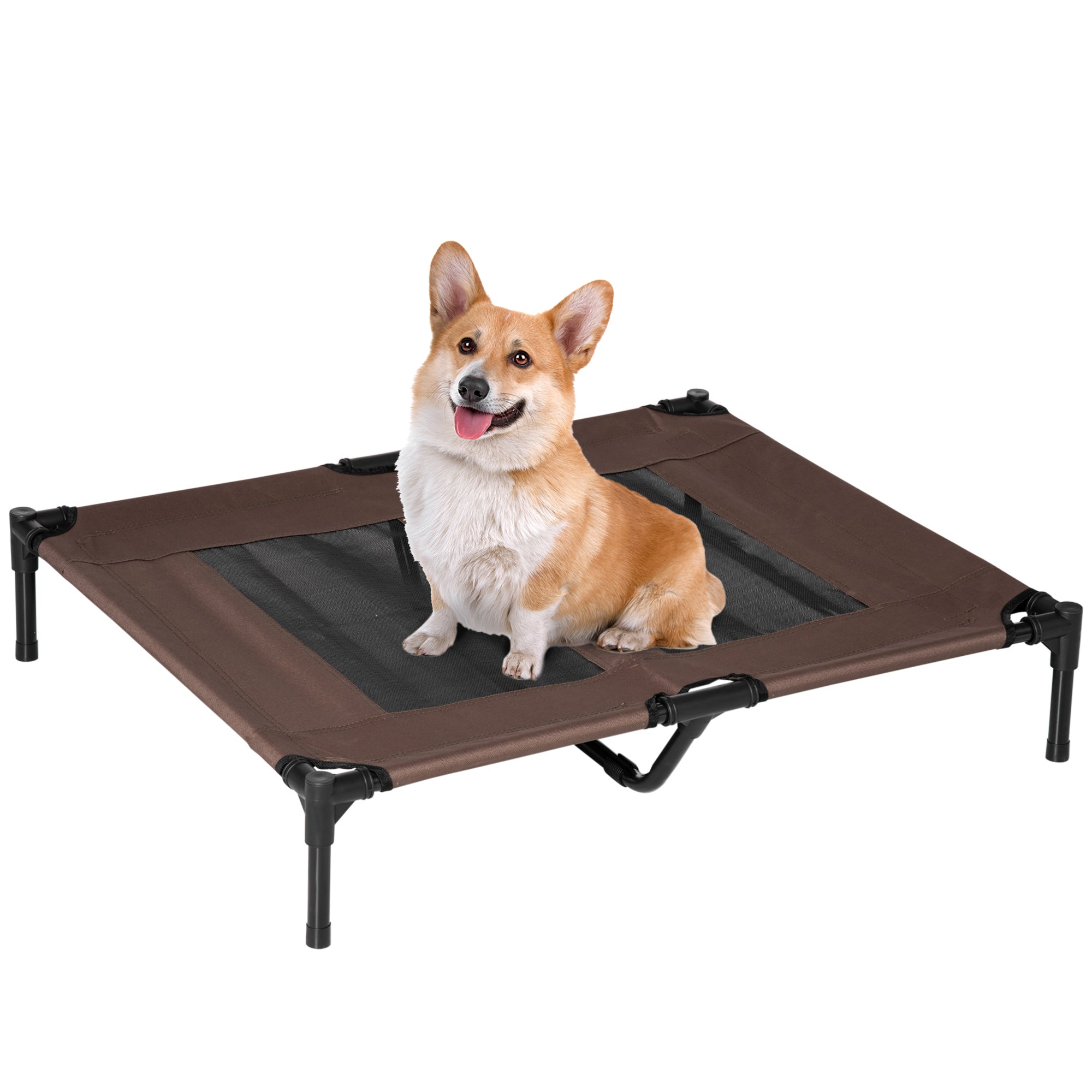 PawHut Large Raised Dog Bed Cat Elevated Lifted Cooling Portable Camping Basket Outdoor Indoor Mesh Pet Cot Metal Frame Brown - North Peak Garden Furniture