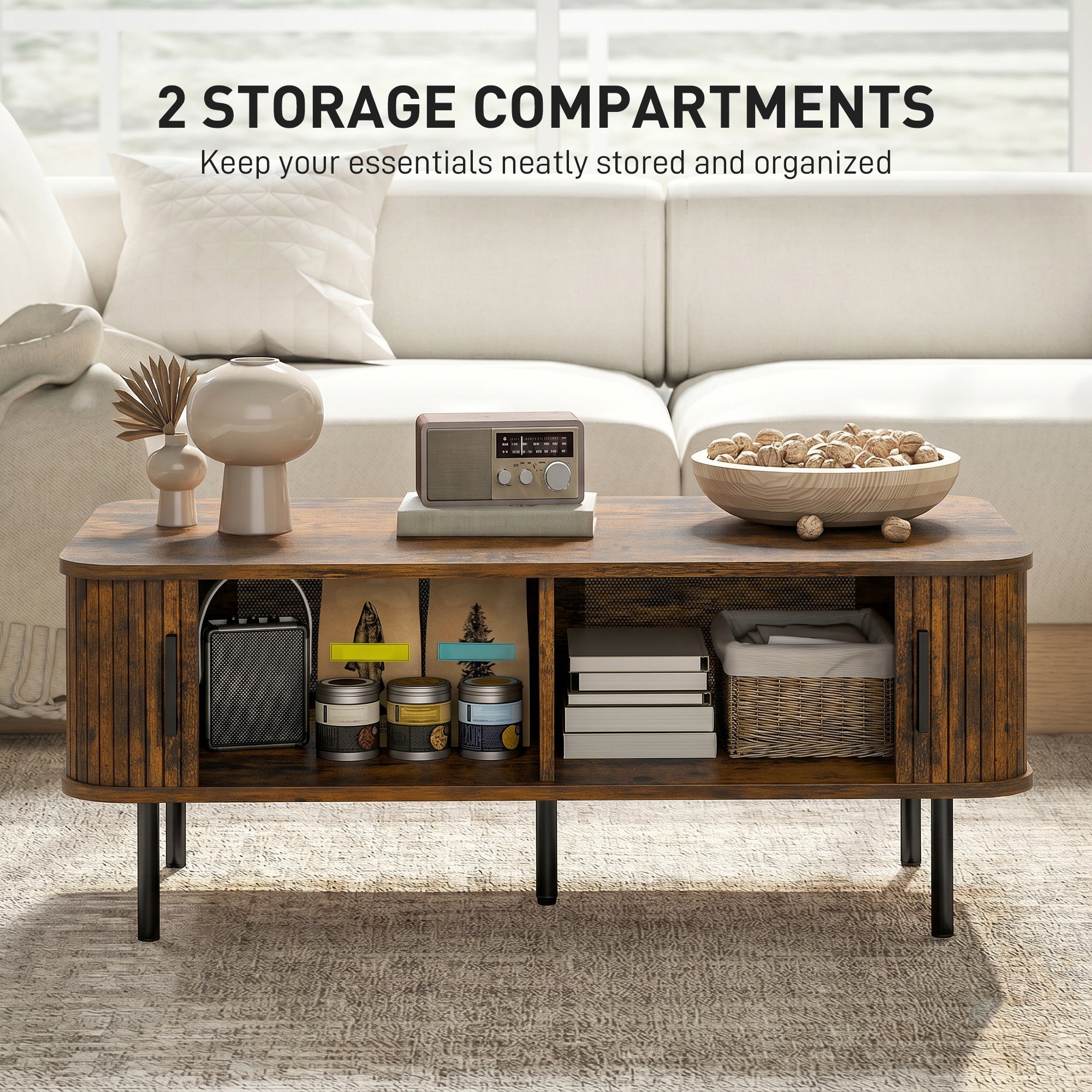 HOMCOM Coffee Table with Storage, Living Room Table with Slatted Tambour Sliding Doors and Adjustable Foot Pads, Rectangular Coffee Table with Elevated Base for Living Room, Rustic Brown