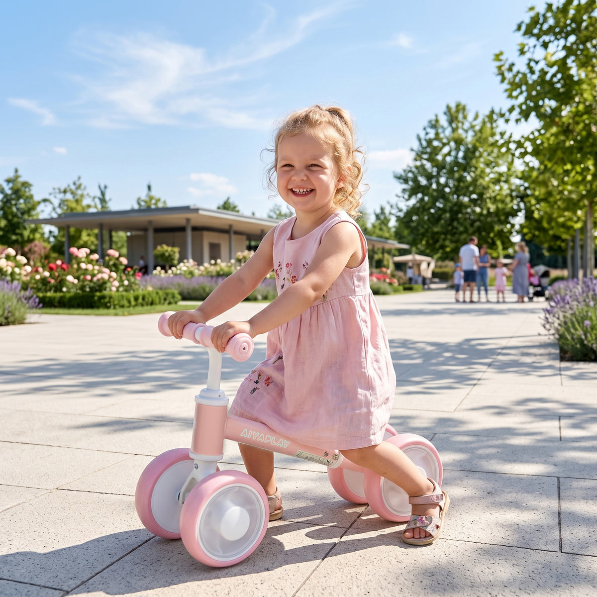 AIYAPLAY Baby Balance Bike for 1-2 Years Old, Light-up Toddler Balance Bike with Adjustable Seat, 4 Silent EVA Wheels, Pink