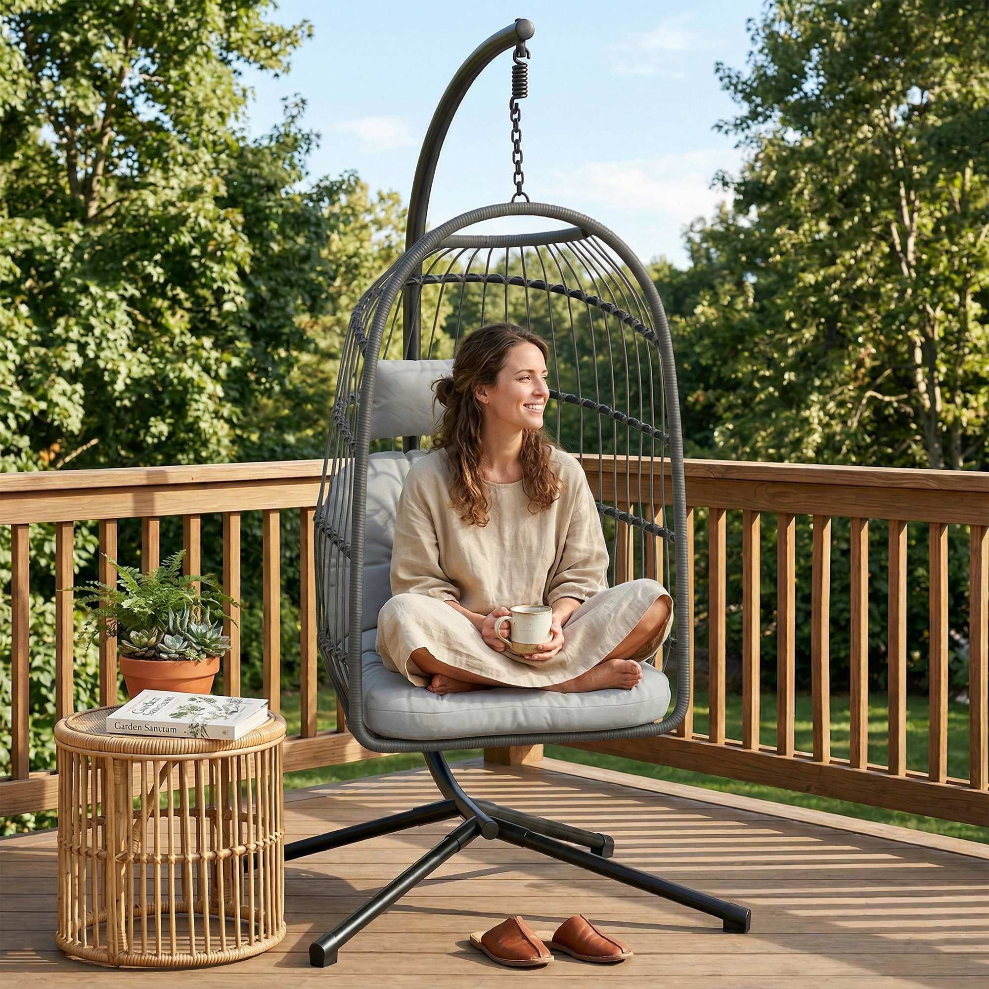 Outsunny Hanging Egg Chair, Indoor Outdoor Hammock Swing Chair with Stand, Safety Strap, Foldable Basket, Dark/Light Grey