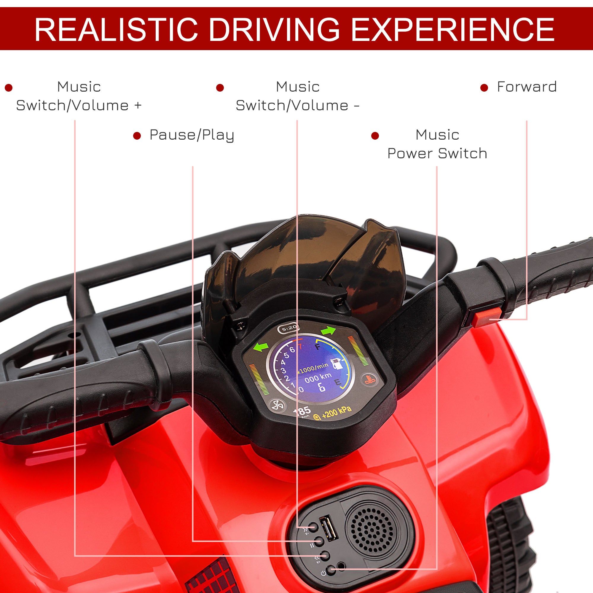 HOMCOM 6V Kids Electric Ride on Car Toddlers Quad Bike Toy With Music for 18-36 months Red - North Peak Garden Furniture