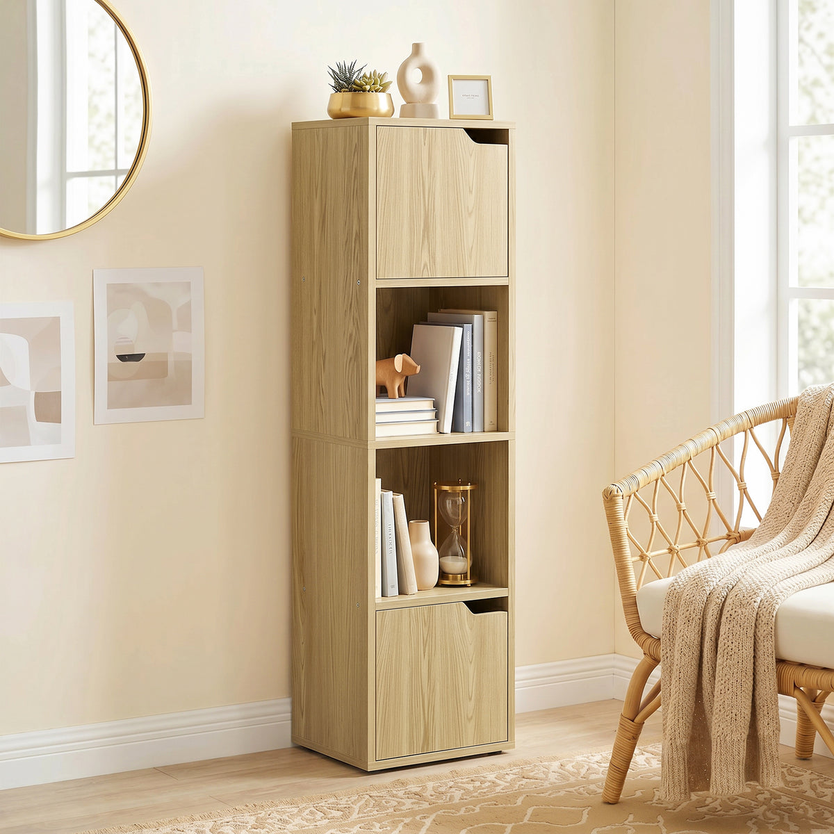 HOMCOM Narrow Bookcase, 4-Tier Bookshelf, Storage Cabinet with doors for Living Room, Bedroom, Oak
