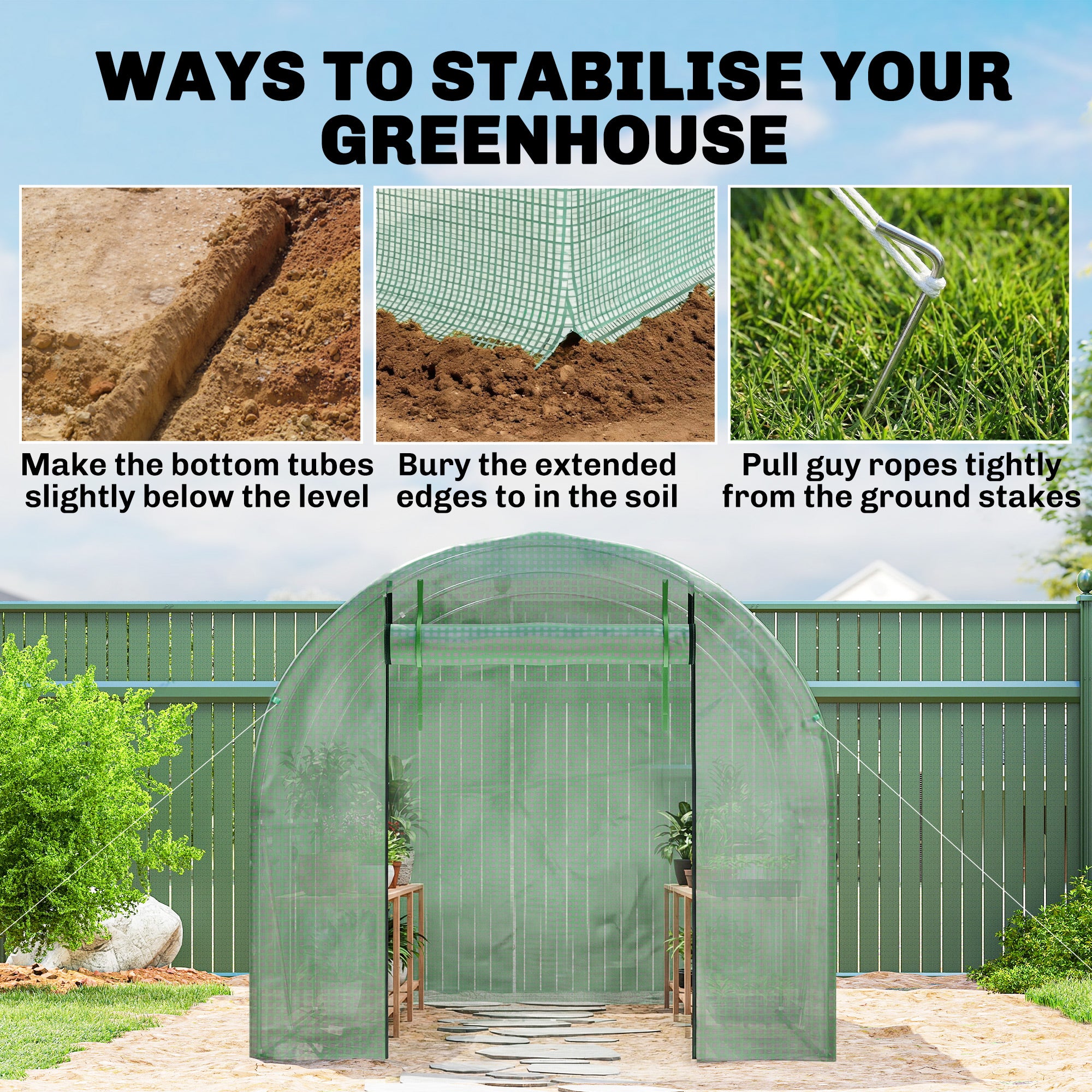 Outsunny Walk-In Garden Polytunnel Greenhouse with Steel Frame, PE Cover, Roll-Up Door and 4 Windows, 2.5 x 2m, Green