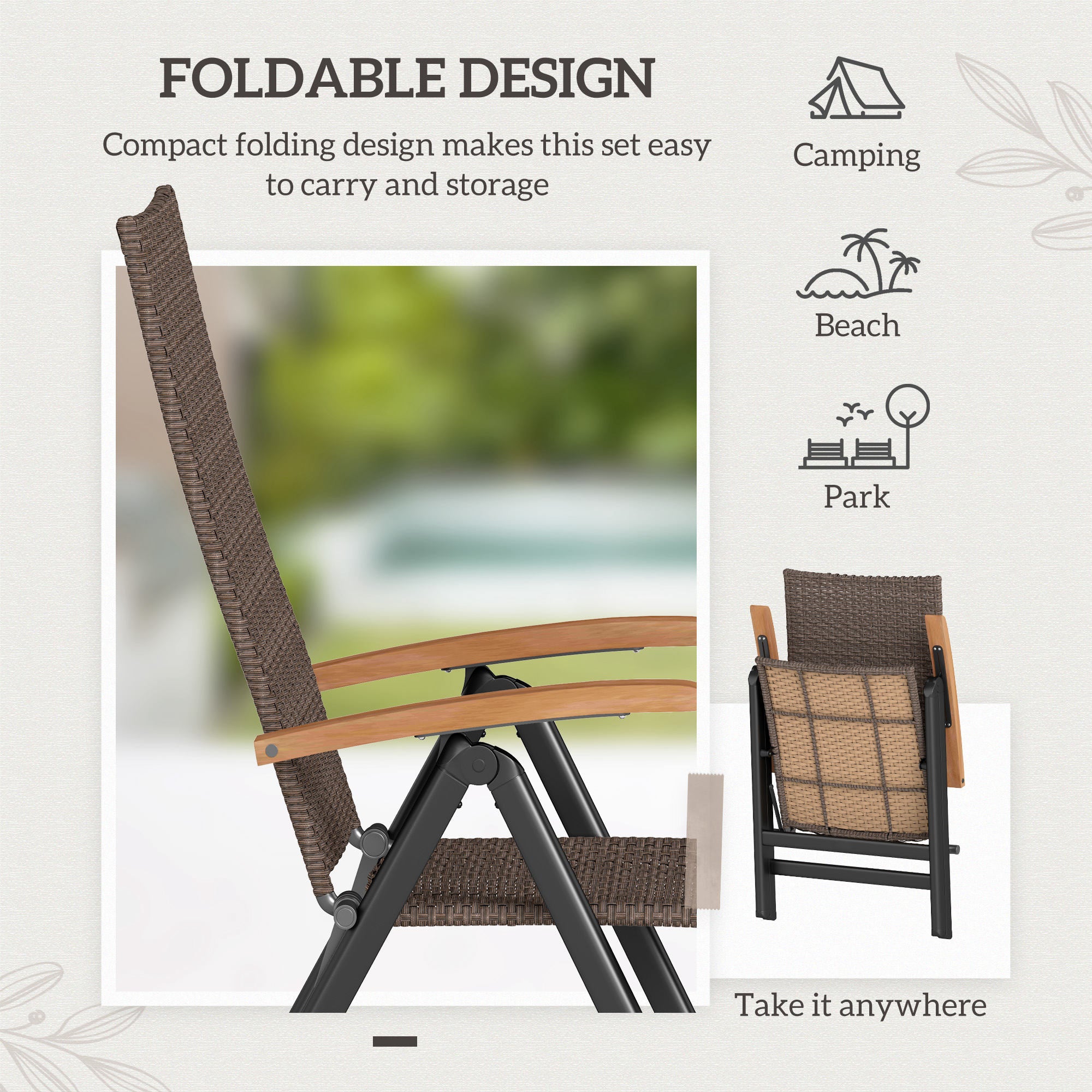 Outsunny 2 Pieces Outdoor Foldable Dining Chair with Armrests, High Backrest, for Garden, Camping, Balcony, Brown - North Peak Garden Furniture