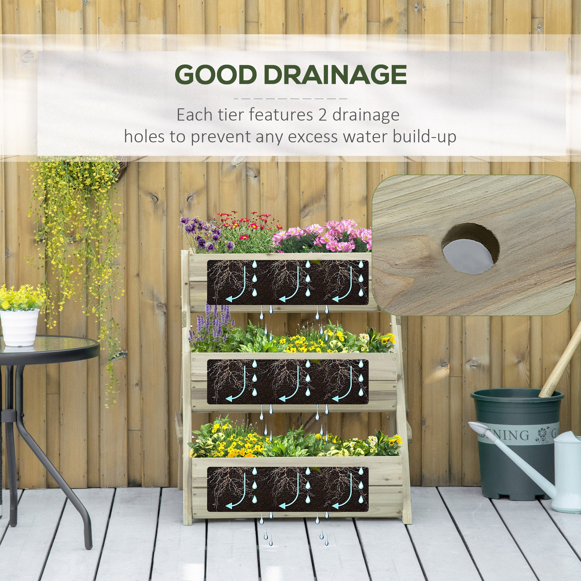 Outsunny 3 Tier Raised Garden Bed Wooden Elevated Planter Box Kit, 66L for Flower, Vegetable, Herb, 65x75x78cm, Green - North Peak Garden Furniture