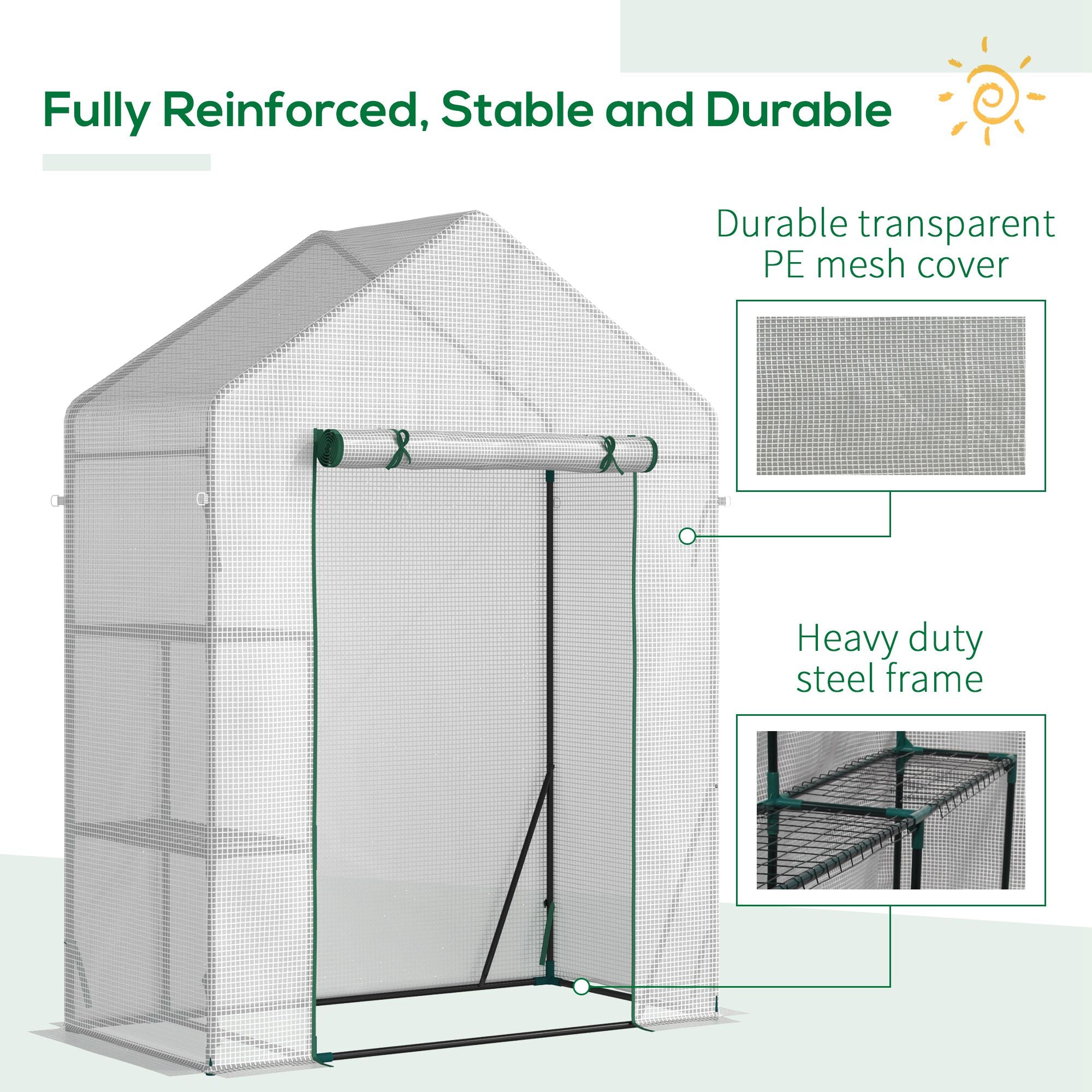 Outsunny Greenhouse for Outdoor, Portable Gardening Plant Grow House with 2 Tier Shelf, Roll-Up Zippered Door, PE Cover, 143 x 73 x 195cm, Green - North Peak Garden Furniture