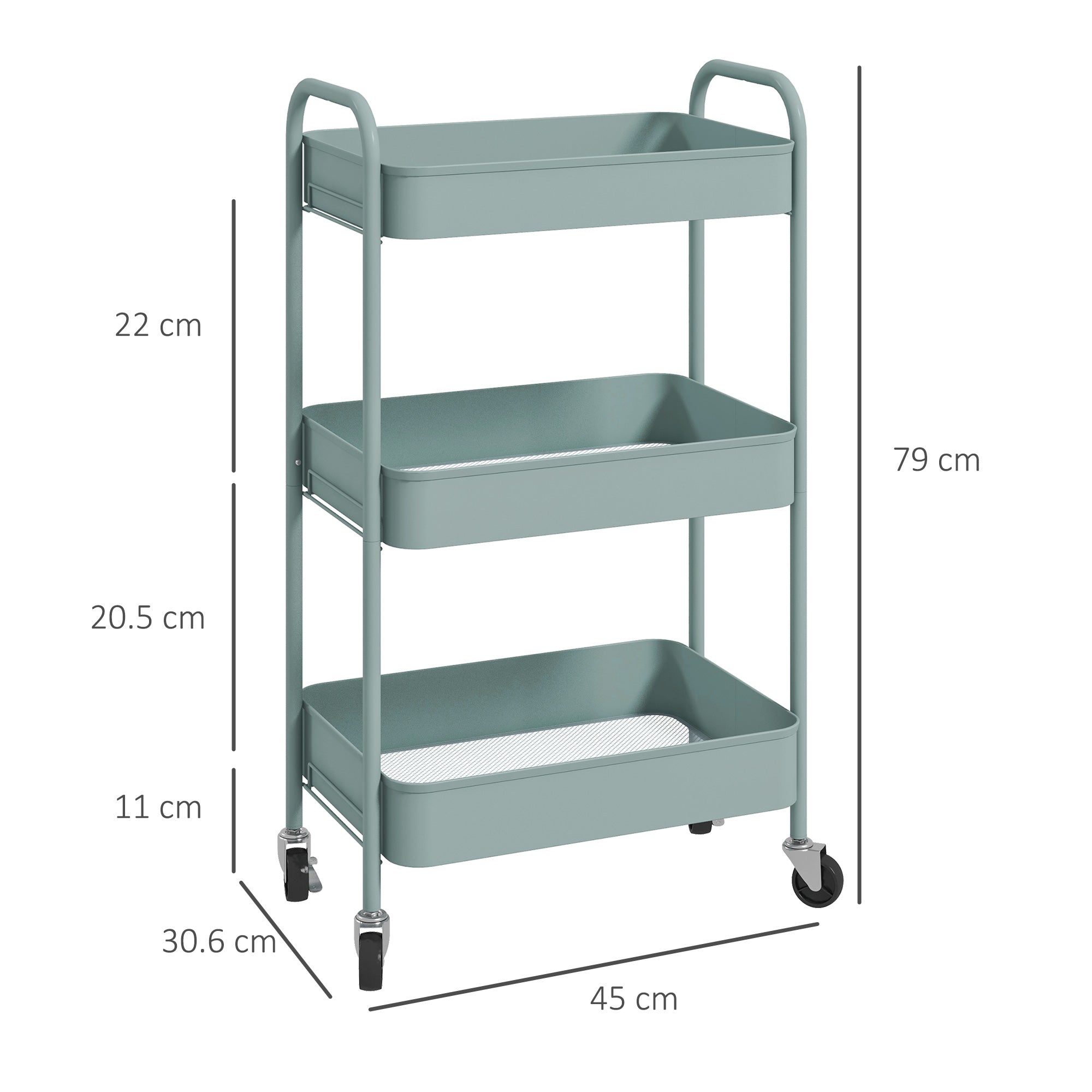 HOMCOM Three-Tier Steel Storage Trolley - Light Blue