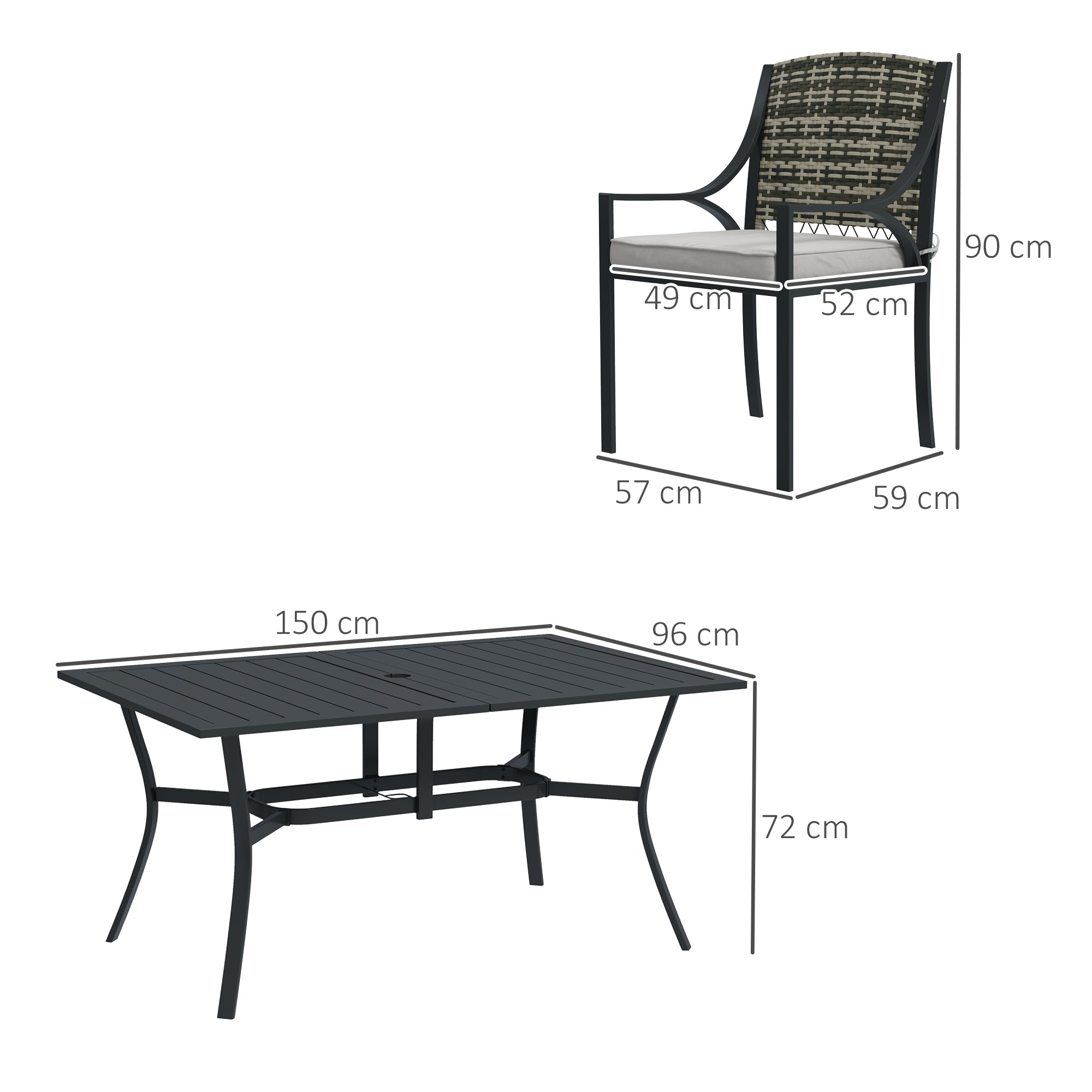 Outsunny Rattan Garden Furniture Set with Cushions, 6 Seater Rattan Dining Set with 6 Armchairs, 150 x 96cm Rectangular Table, Umbrella Hole, for Outdoor, Patio, Balcony, Terrace, Conservatory - North Peak Garden Furniture
