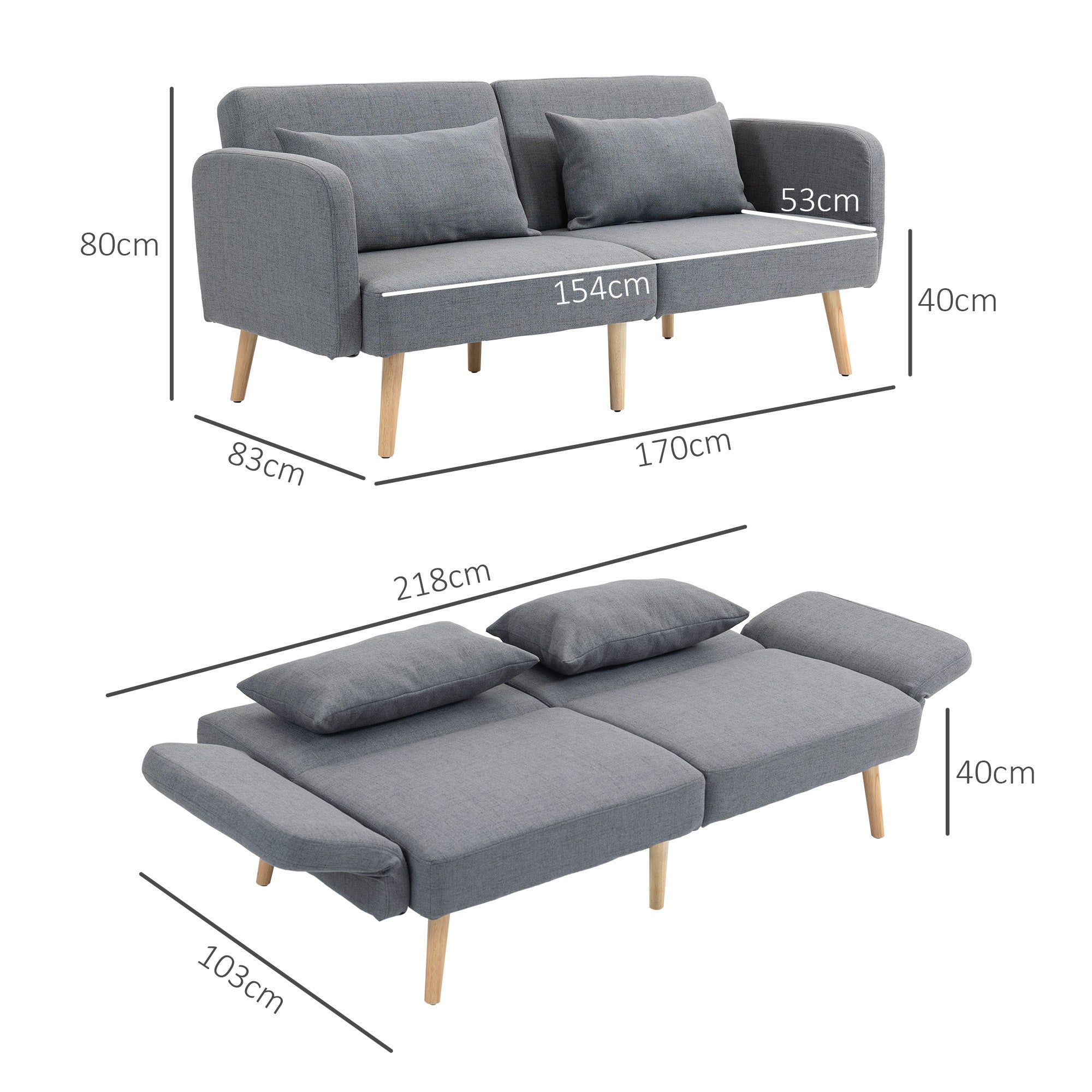 HOMCOM Two-Seater Click-Clack Sofa Bed, with Pillows - Grey - North Peak Garden Furniture