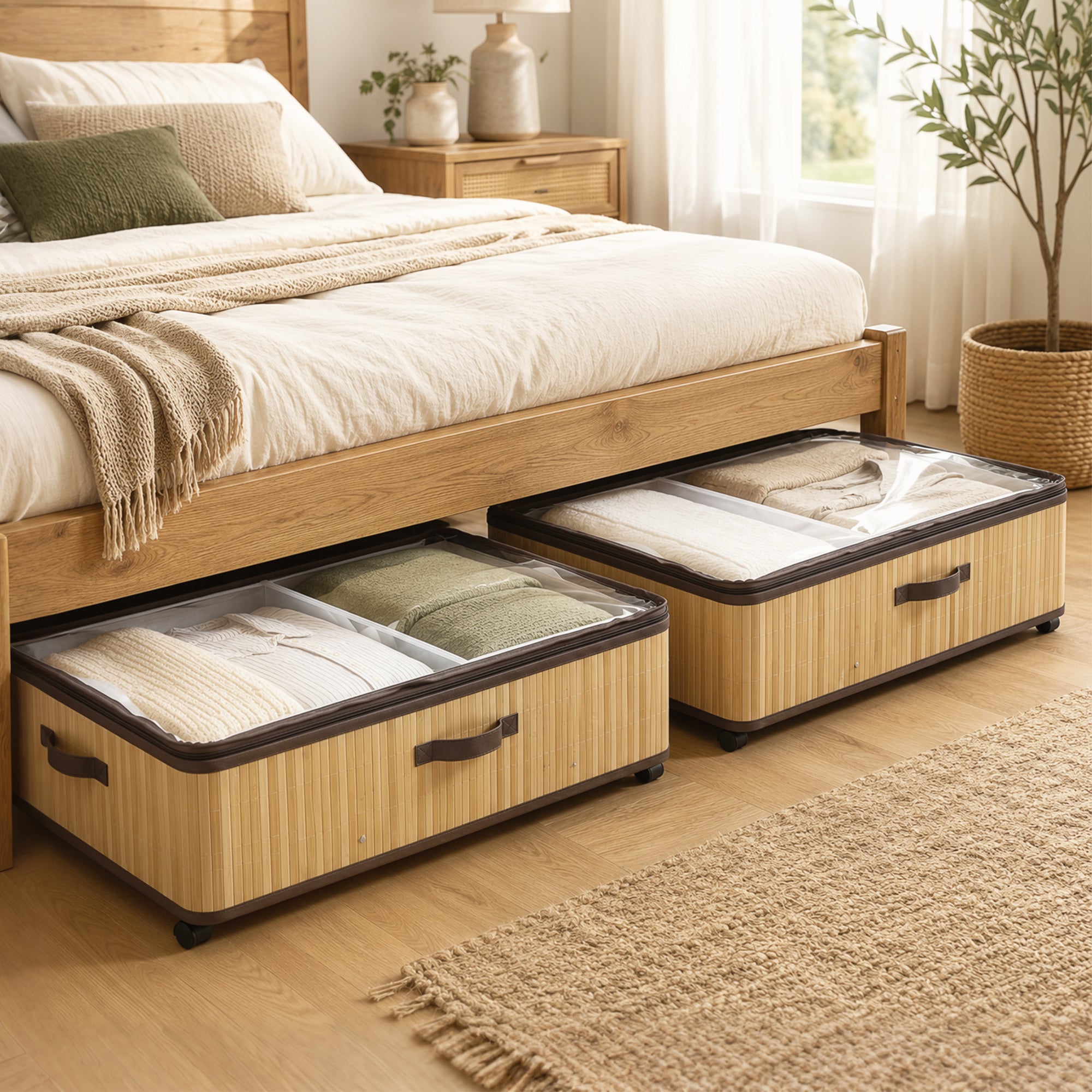 HOMCOM 60L Under Bed Storage with Wheels Pack of 2, Underbed Storage Box with Clear Lid Cover and Reinforced Handle, Natural